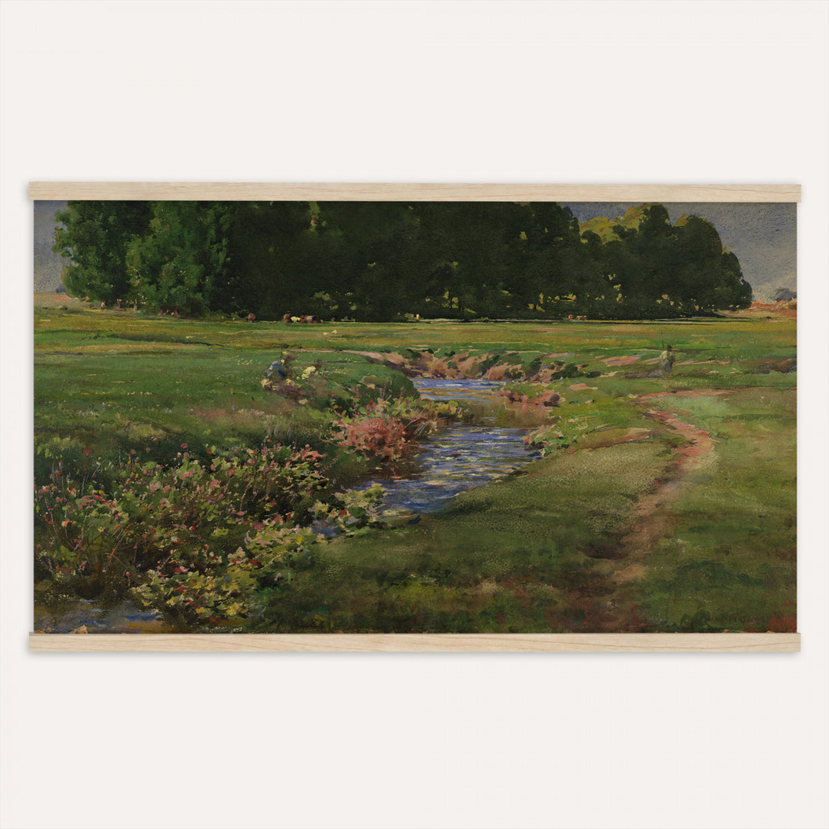 28805531-MGV-TP-30X20 - Tonalism watercolor tapestry wall hanging of "The Babbling Brook" by William Henry Holmes, showing a small brook running through open meadow grass, with soft banks, low shrubs, and a gentle rise beyond in fresh meadow greens with pale blue water and a soft light sky. Extra large wall art, made in the USA.
