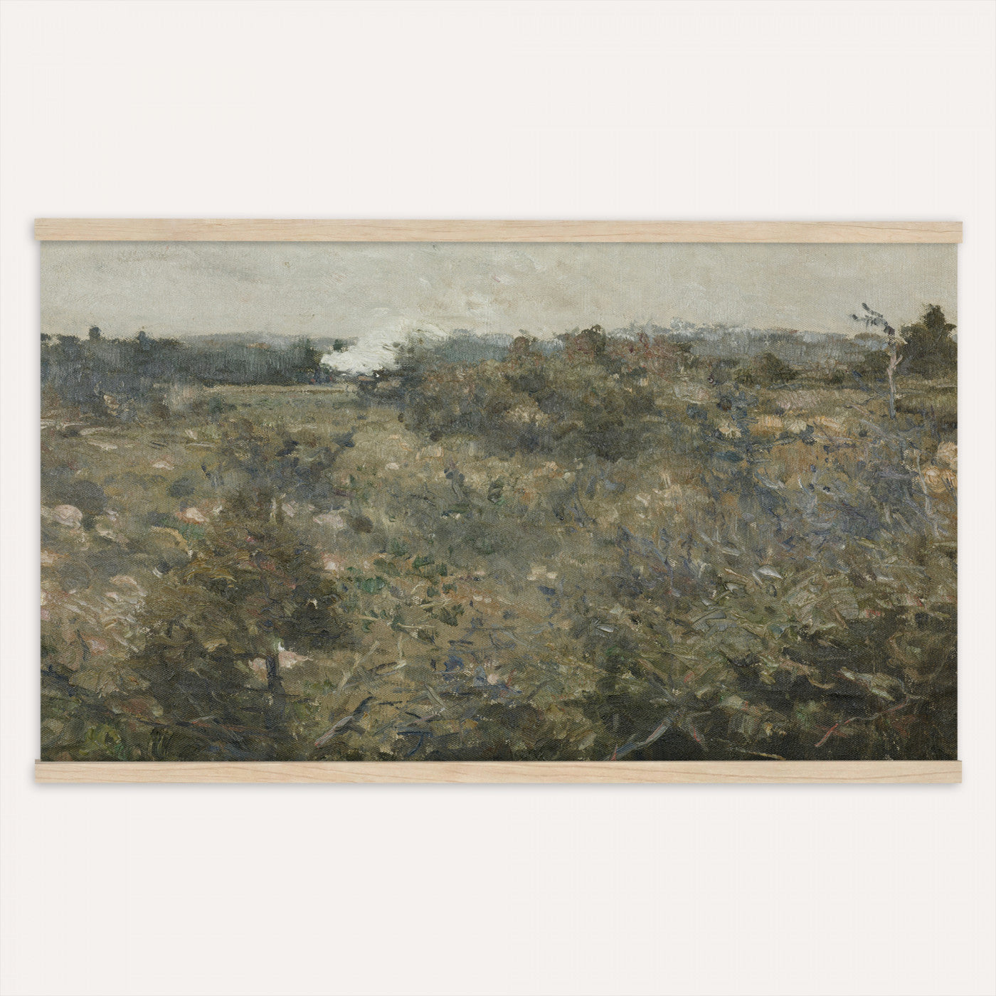 17414183-MGV-TP-30X20 - Realism oil study tapestry wall hanging of "Landscape Study at Grez-sur-Loing" by Frans Van Leemputten, showing an open field study at Grez-sur-Loing, with loose brushwork across low crops, hedgerows, and a soft French sky in soft field greens and warm earth tones under a pale washed sky. Extra large wall art, made in the USA.
