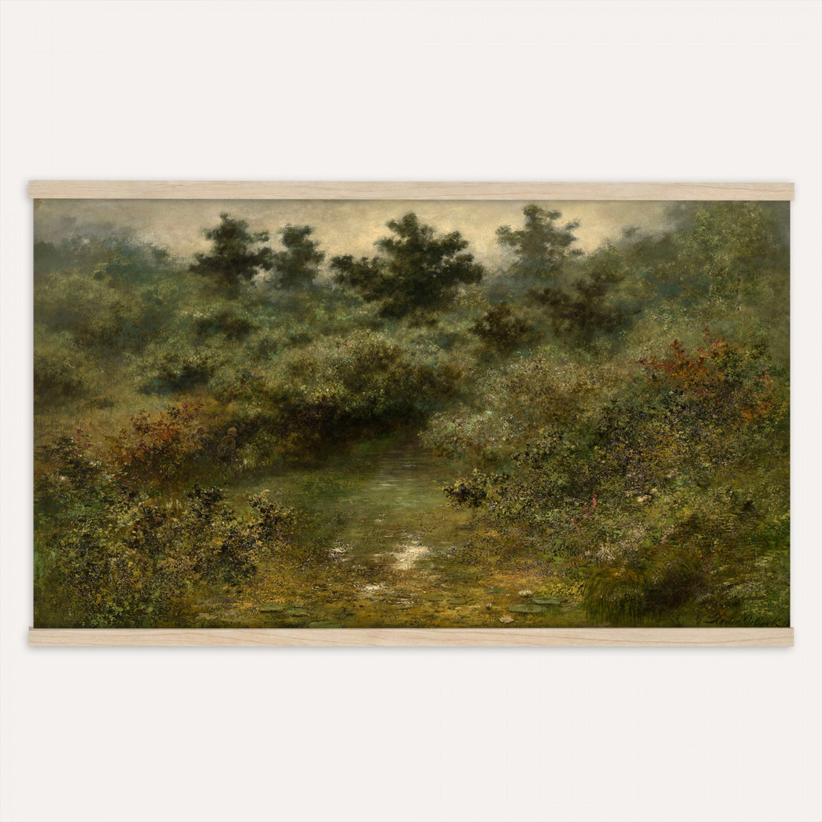 66880646-MGV-TP-30X20 - Barbizon oil painting tapestry wall hanging of "By the Brook" by Xavier De Cock, showing a shaded brook winding through dense woodland, with a small hidden figure resting among the trees in dark layered forest greens with warm brown earth and pale water light. Extra large wall art, made in the USA.