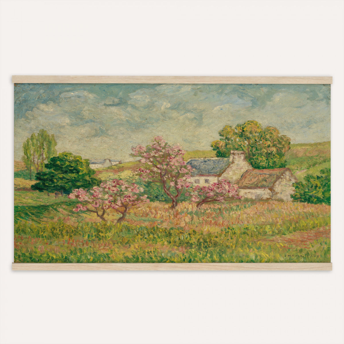 67494912-MGV-TP-30X20 - Post Impressionism oil painting tapestry wall hanging of "Spring" by Ernest de Chamaillard, showing a stone Breton cottage behind a blossoming tree in full pink bloom, with a bright spring garden around it in soft pink blossoms against grey stone walls and new spring green. Extra large wall art, made in the USA.