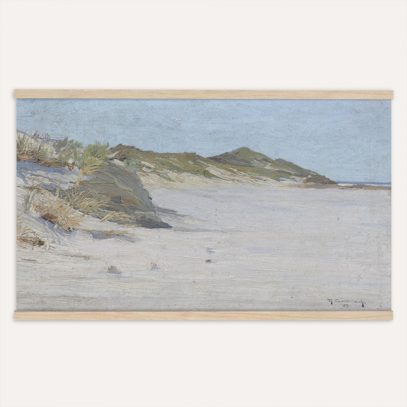 74023087-MGV-TP-30X20 - Impressionism oil painting tapestry wall hanging of "Beach Dunes" by Max Clarenbach, showing low rolling sand dunes topped with pale beach grass, opening toward a quiet sea under a wide soft sky in pale sand tones and dune grass under a wide soft blue-grey sky. Extra large wall art, made in the USA.