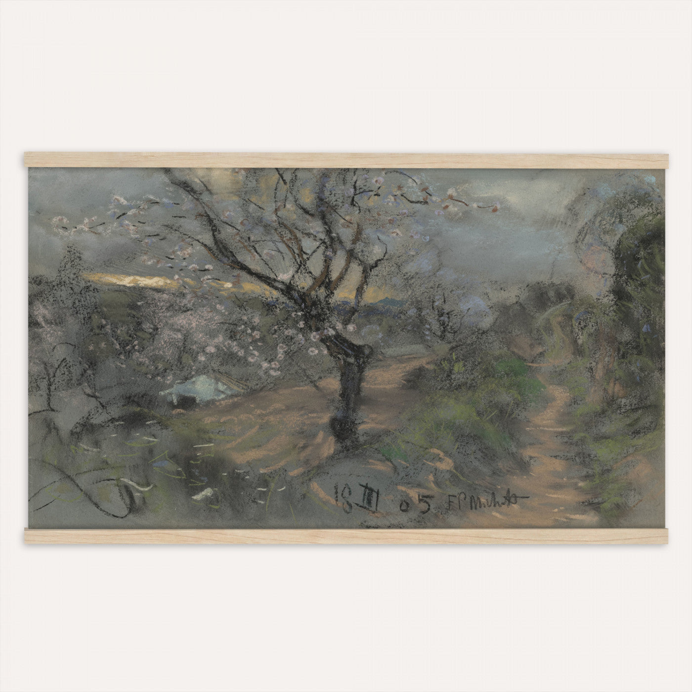39102913-MGV-TP-30X20 - Realism charcoal and pastel sketch tapestry wall hanging of "Fields with Trees in Blossom" by Francesco Paolo Michetti, showing a dark country road running between blossoming trees, drawn in heavy charcoal under a low stormy sky in deep charcoal greys and blacks with pale blossom highlights. Extra large wall art, made in the USA.