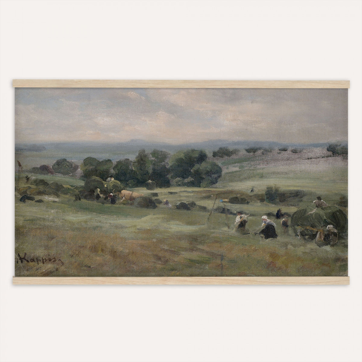98563887-MGV-TP-30X20 - Realism oil painting tapestry wall hanging of "Heuernte" by Albert Kappis, showing farmworkers gathering hay in a wide summer field, with loaded carts, tall stacks, and a warm open sky in warm golden hay tones with green field edges under a bright summer sky. Extra large wall art, made in the USA.