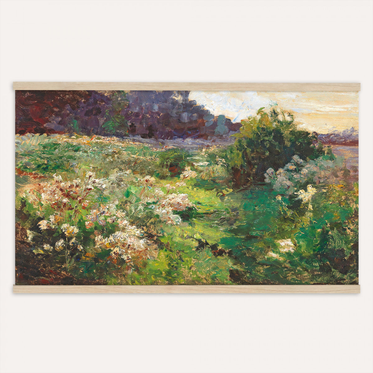 44961601-MGV-TP-30X20 - Impressionism oil painting tapestry wall hanging of "Flowering Meadow" by Olga Wisinger-Florian, showing a bright meadow of white wildflowers and green bushes rising toward a shaded purple hillside in white wildflowers and green bushes under a purple forest hillside. Extra large wall art, made in the USA.