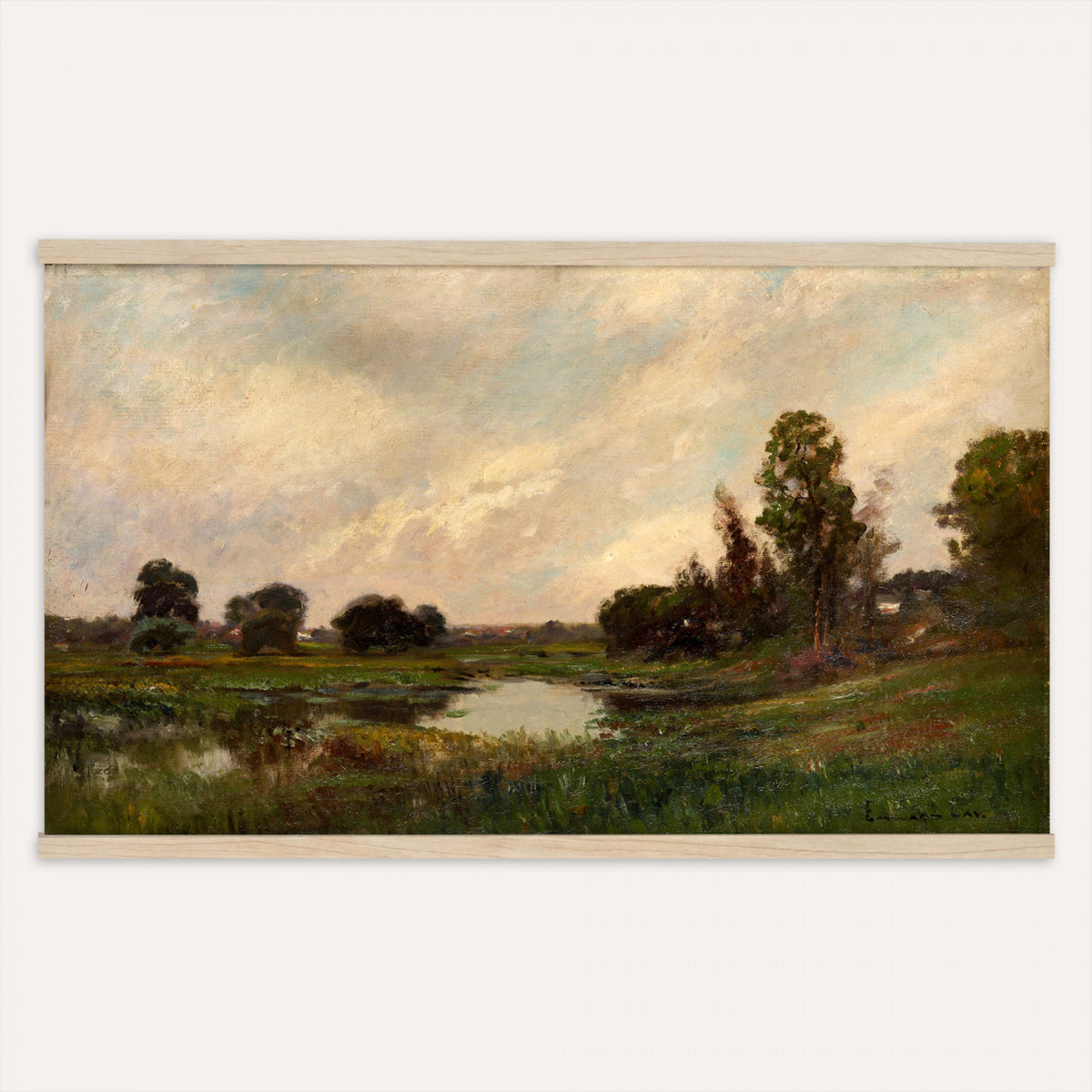 40545399-MGV-TP-30X20 - Barbizon oil painting tapestry wall hanging of "The River" by Edward Gay, showing a wide slow river cutting through deep summer meadow grass, with low trees and a soft open sky beyond in rich moss and olive green meadow tones with a pale silver river. Extra large wall art, made in the USA.
