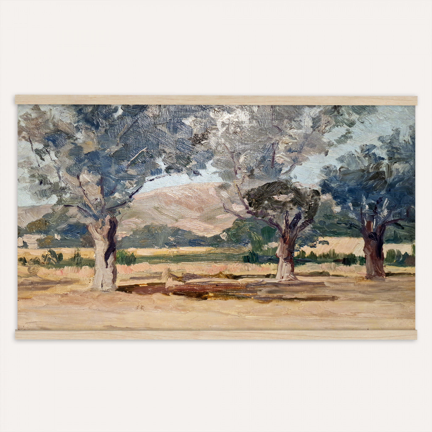 38071069-MGV-TP-30X20 - Impressionism oil painting tapestry wall hanging of "Landscape" by Jane Sutherland, showing a sunlit open field, dry golden grasses, and slender eucalyptus trees leaning under a bright southern sky in warm golden field tones with soft sage-green eucalyptus foliage. Extra large wall art, made in the USA.