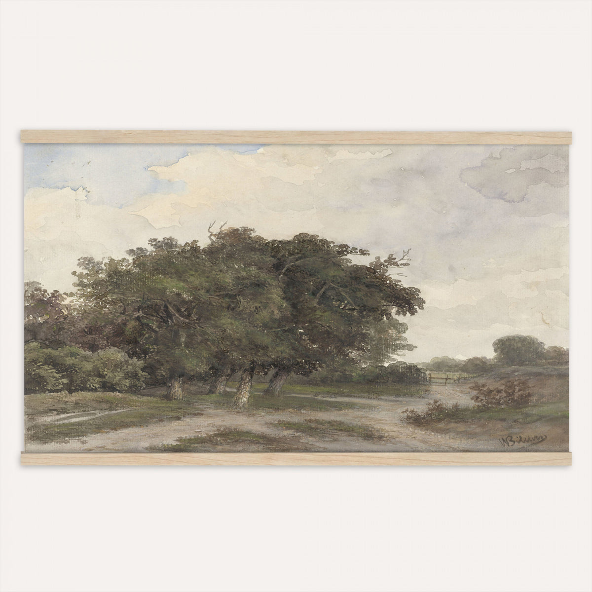 73613327-MGV-TP-30X20 - Realism oil painting tapestry wall hanging of "Landscape with Trees" by Johannes Warnardus Bilders, showing tall old trees along a quiet woodland path, with dappled light falling through the canopy onto open ground in warm brown trunks and layered green foliage under a soft grey sky. Extra large wall art, made in the USA.