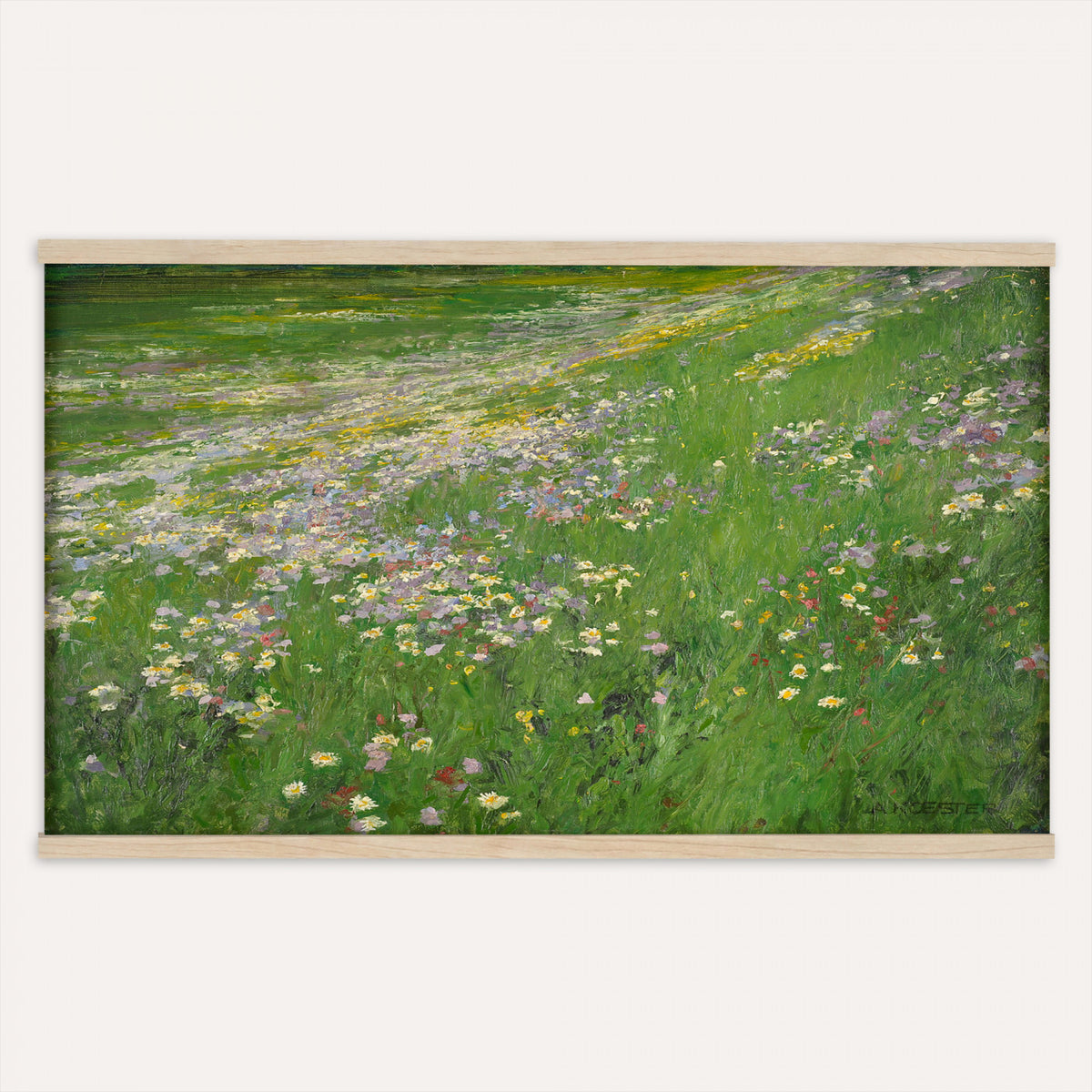 63535040-MGV-TP-30X20 - Impressionism oil painting tapestry wall hanging of "Wildflower Meadow", showing a wide meadow of daisies and summer wildflowers, painted in quick color strokes under warm open light in white daisies and yellow blooms across fresh green grass. Extra large wall art, made in the USA.