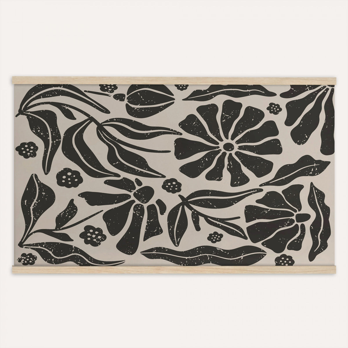 21342917-MGV-TP-30X20 - Mid Century Modern linocut print tapestry wall hanging of "Abstract Floral Linocut", showing simplified flower heads and stems cut into bold black shapes against clean white space in bold black shapes on a bright white ground. Extra large wall art, made in the USA.