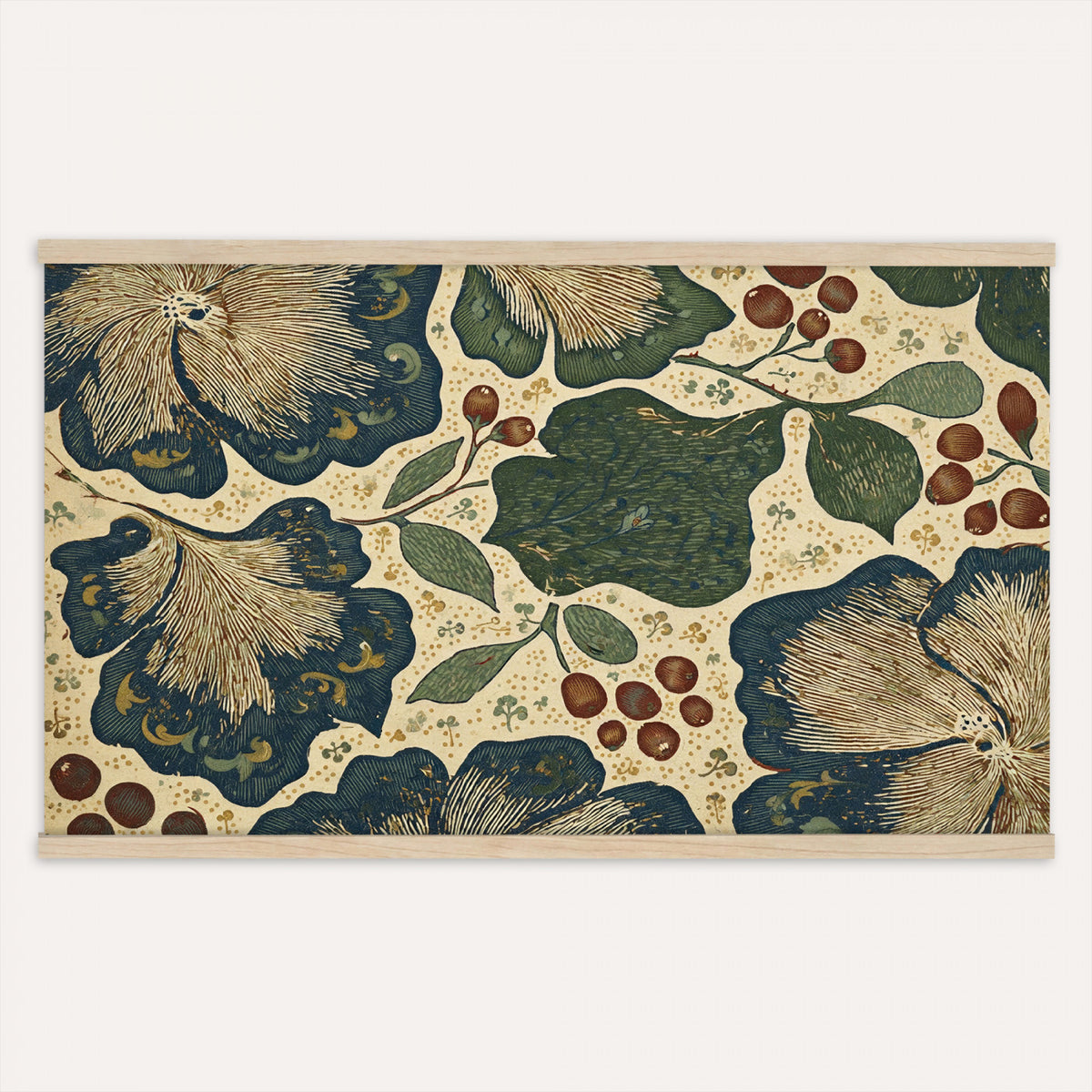 92325062-MGV-TP-30X20 - Art Nouveau pattern design tapestry wall hanging of "Sage Botanical Pattern" by William Morris, showing sage green stems, open flowers and layered foliage repeating in a balanced botanical weave in sage and olive green with soft cream botanical linework. Extra large wall art, made in the USA.