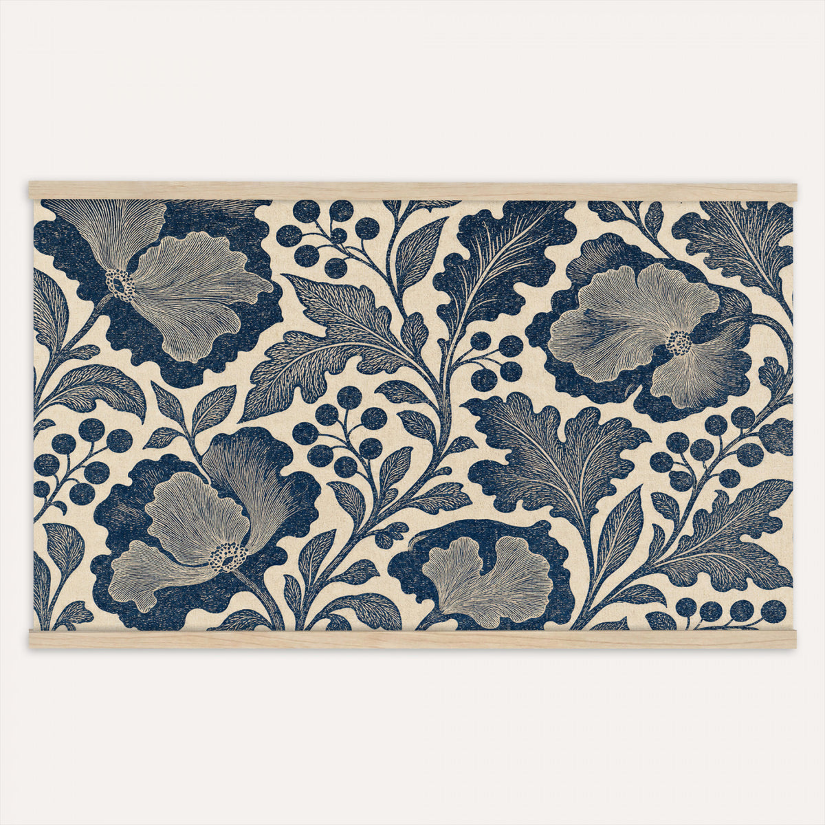 97130377-MGV-TP-30X20 - Art Nouveau pattern design tapestry wall hanging of "Indigo Botanical Pattern" by William Morris, showing trailing indigo stems, open blossoms and curling leaves repeating across the full width in deep indigo and cobalt blue with soft cream linework. Extra large wall art, made in the USA.