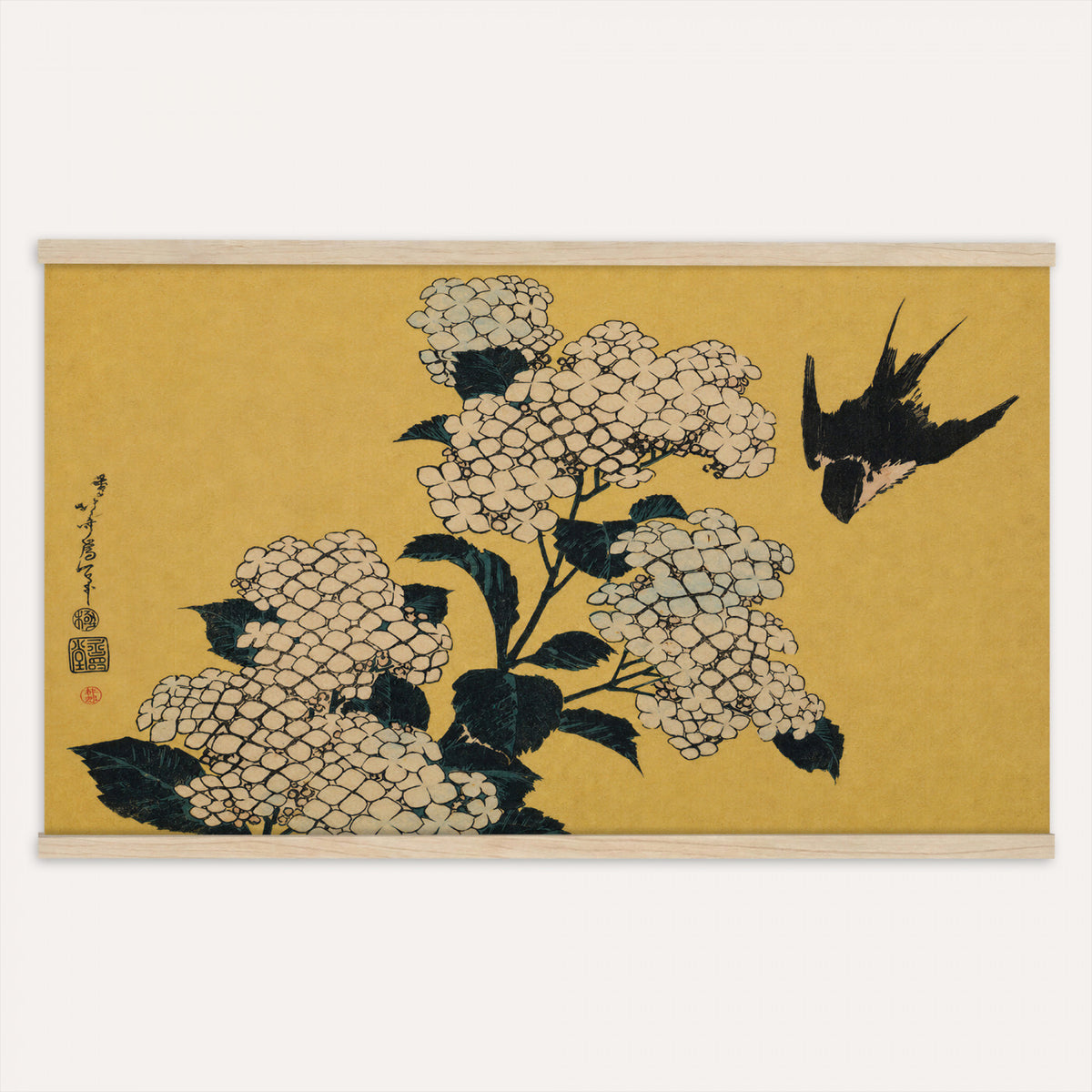 24787197-MGV-TP-30X20 - Ukiyo-e woodblock print tapestry wall hanging of "Hydrangea and Swallow" by Katsushika Hokusai, showing a swallow in flight above a full hydrangea head, drawn with the precise line of Japanese woodblock in soft blue hydrangea blooms with warm gold ground. Extra large wall art, made in the USA.