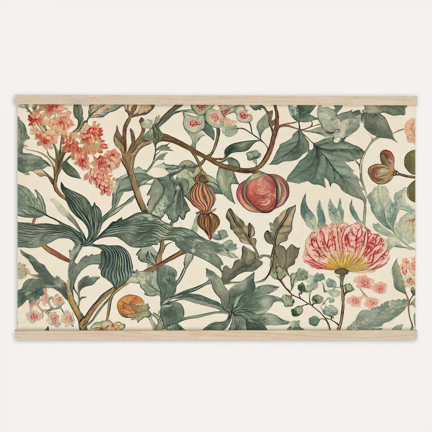 67322868-MGV-TP-30X20 - Art Nouveau pattern design tapestry wall hanging of "Pomegranate Botanical Pattern" by William Morris, showing a repeating weave of pomegranates, open blossoms and curling acanthus leaves in perfect balance in warm ruby fruit and deep green foliage on a cream ground. Extra large wall art, made in the USA.