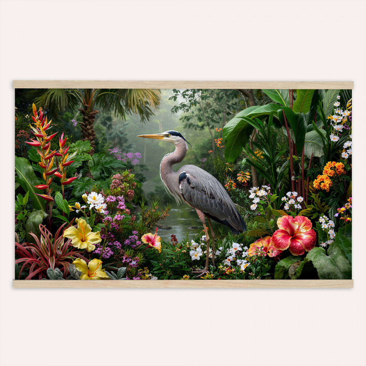 82504330-MGV-TP-30X20 - Botanical botanical illustration tapestry wall hanging of "Great Blue Heron in the Jungle", showing a great blue heron standing among hibiscus blooms, palm fronds and dense tropical foliage in deep jungle greens with red hibiscus and soft blue heron plumage. Extra large wall art, made in the USA.