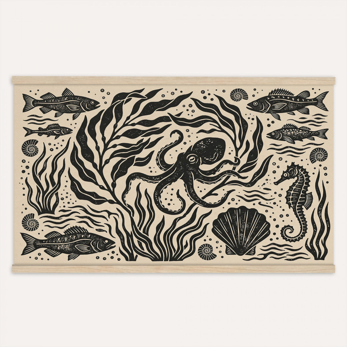 75988079-MGV-TP-30X20 - Folk Art linocut print tapestry wall hanging of "Ocean Life Panel", showing an octopus, seahorses, shells and curling waves cut into bold black and white folk art shapes in bold black linocut shapes on a cream ground. Extra large wall art, made in the USA.