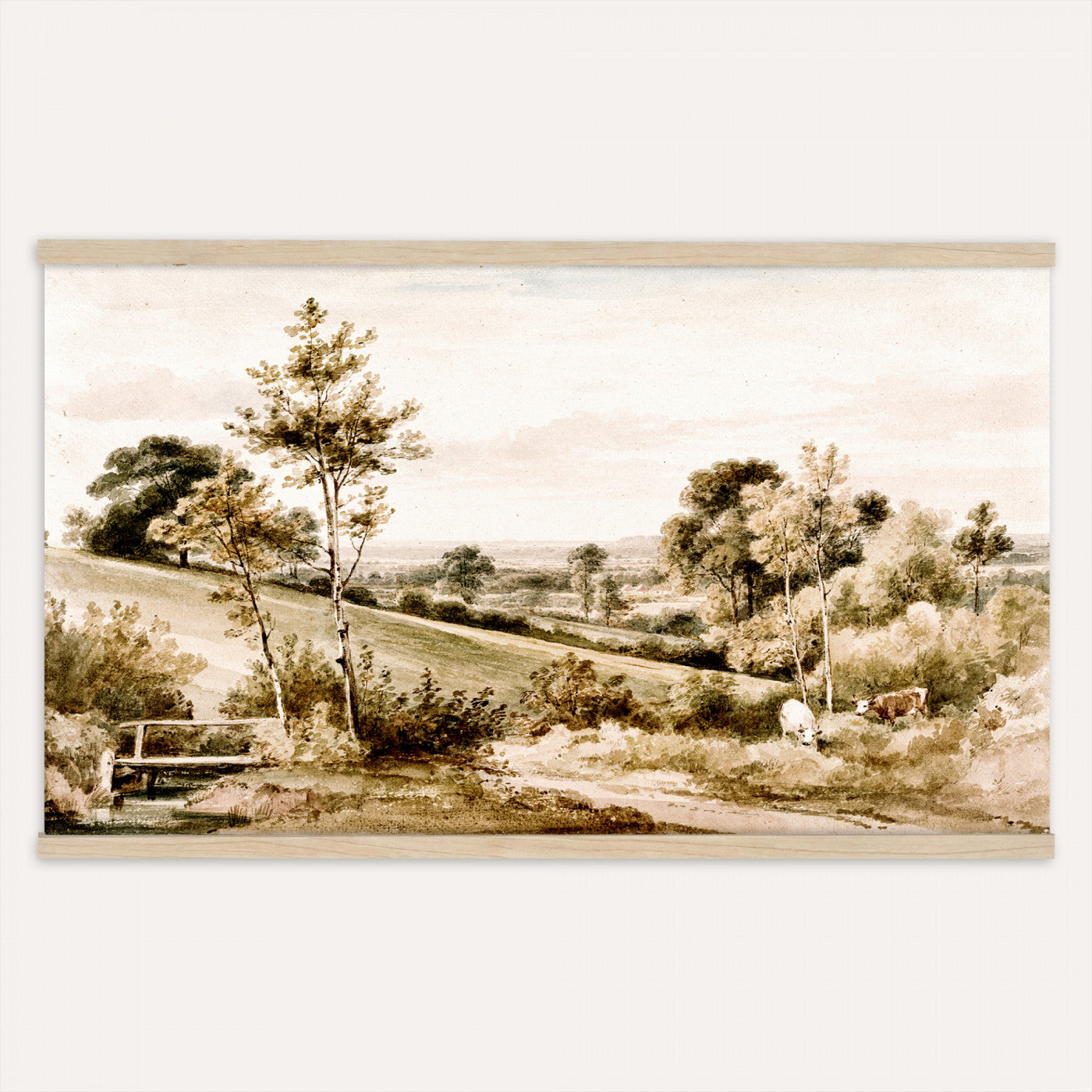 49470375-MGV-TP-30X20 - Romanticism watercolor tapestry wall hanging of "Little Bushey, Hertfordshire" by Henry Edridge, showing cows grazing beside a small stone bridge in open English pasture under a soft pale sky in soft green pasture tones with warm brown cattle under a pale sky. Extra large wall art, made in the USA.