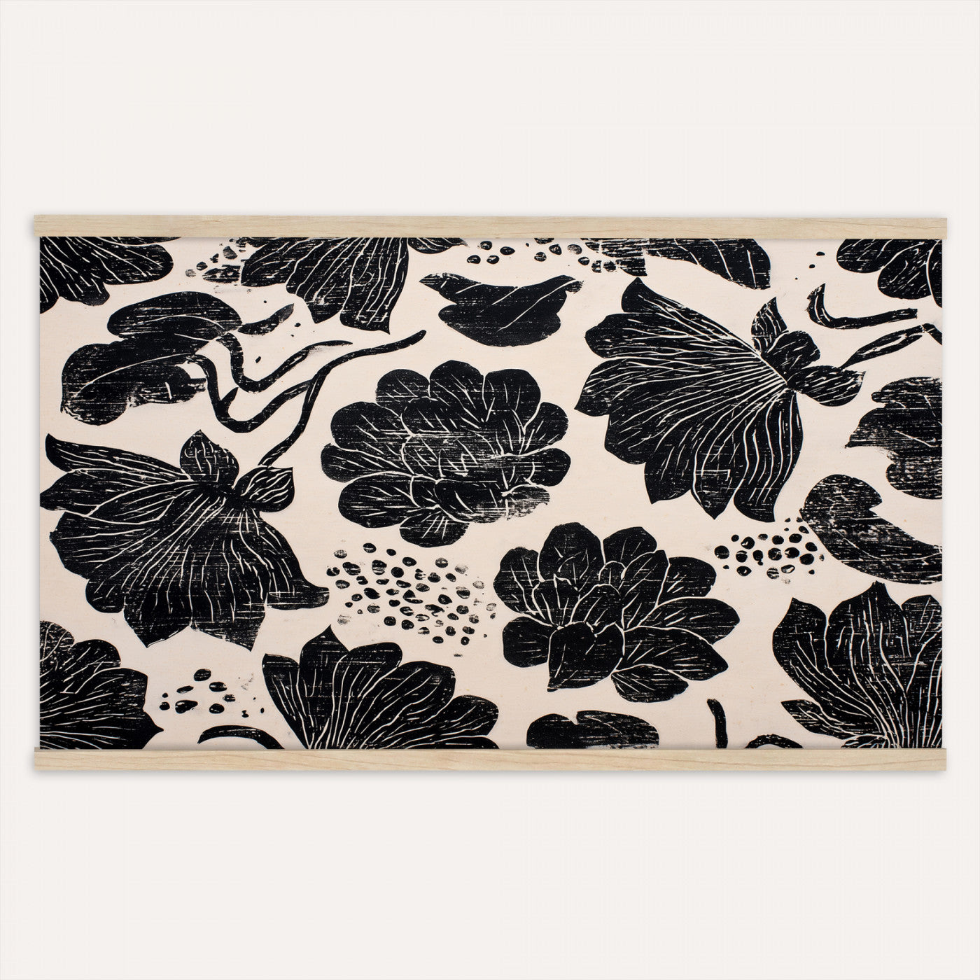 91793867-MGV-TP-30X20 - Chinoiserie ink block print tapestry wall hanging of "Chinoiserie Lotus Panel", showing open lotus flowers and broad water lily pads rising on tall stems, cut in bold black and white in deep black lotus linework on a soft white ground. Extra large wall art, made in the USA.