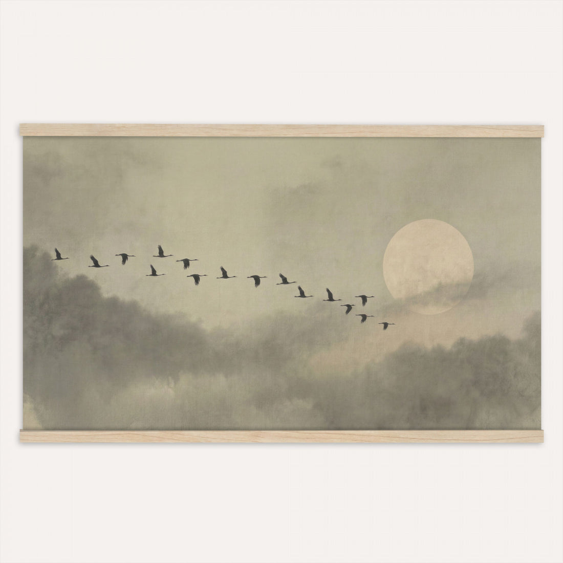 Flying Cranes Tapestry Wall Art, Misty Landscape with Moon, Sage Green Japandi Decor, Framed Print