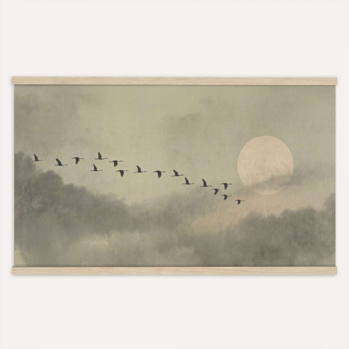 1209814BT-MGV-TP-30X20 - Flying Cranes Tapestry Wall Art, Misty Landscape with Moon, Sage Green Japandi Decor, Framed Print