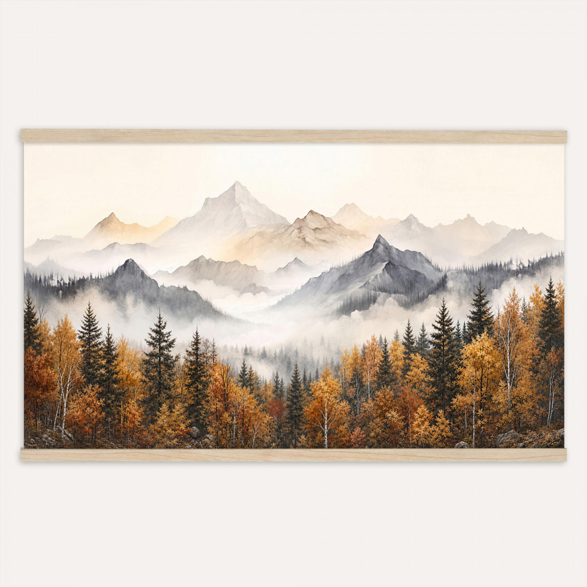 19544118-MGV-TP-30X20 - Misty Mountain Autumn Forest Canvas Wall Art - Watercolor Fall Nature Landscape Print