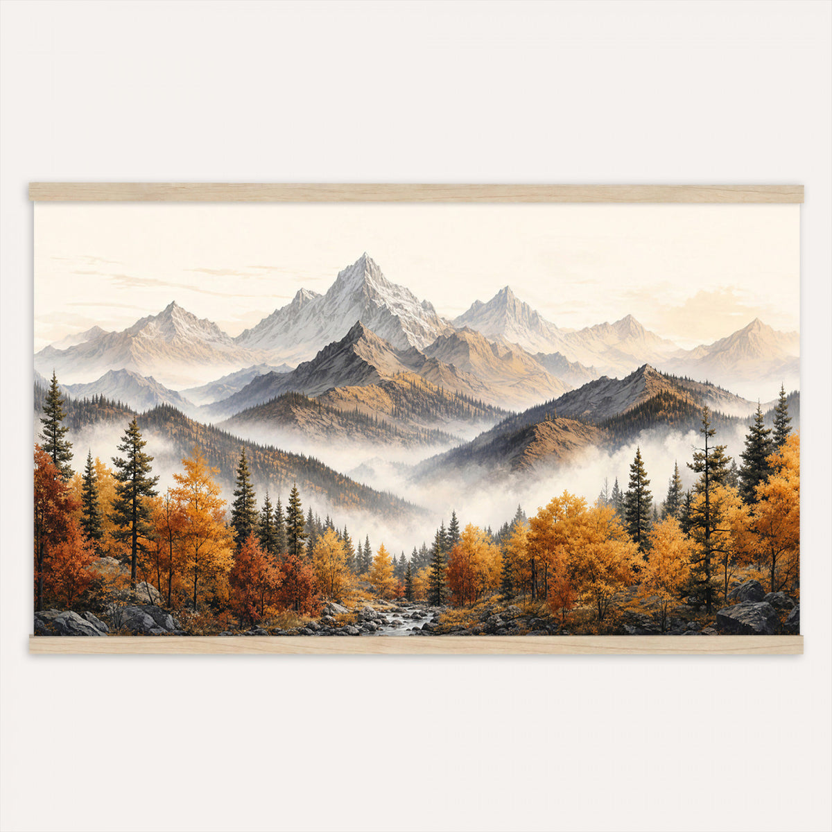 21309099-MGV-TP-30X20 - Extra Large Misty Mountain Autumn Forest Canvas Wall Art - Watercolor Fall Nature Landscape Print