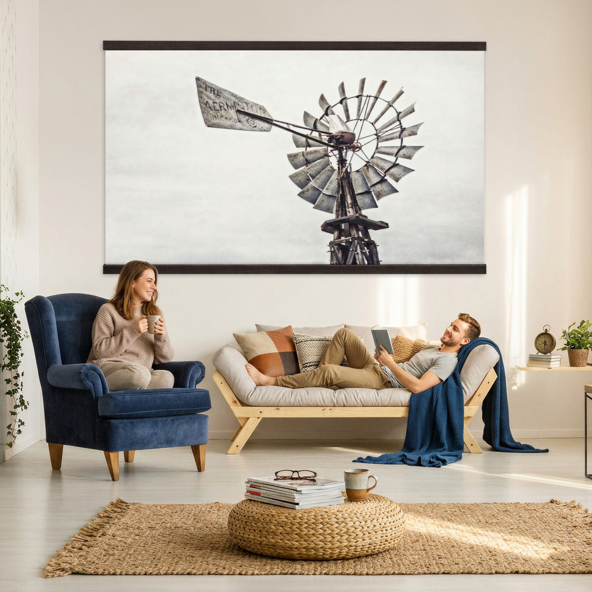 63200638-MGV-TP-30X20 - Vintage Rustic Farmhouse Windmill Canvas Wall Art - Western Country Landscape Print