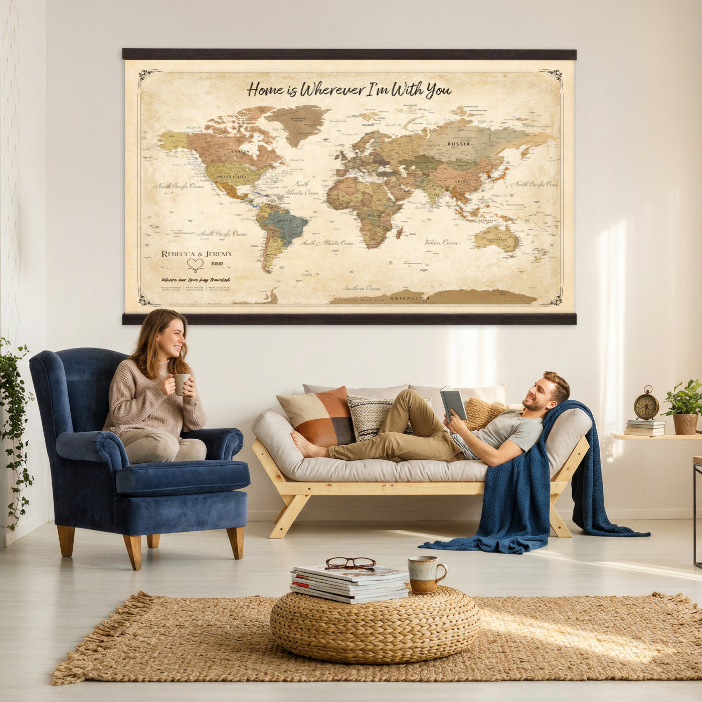 40086165-MGV-TP-30X20 - Framed Vintage Custom Push Pin World Map Canvas Print – Personalized Travel Map Wall Art