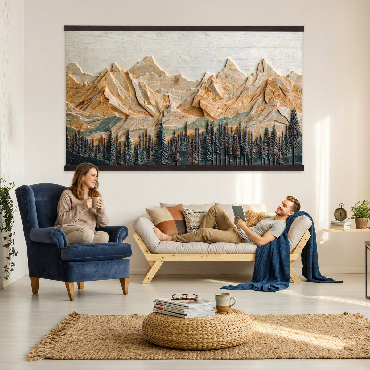 66676213-MGV-TP-30X20 - Geometric Wood Mountain Wall Art Canvas Print, 3D Look Rustic Mosaic Landscape Print
