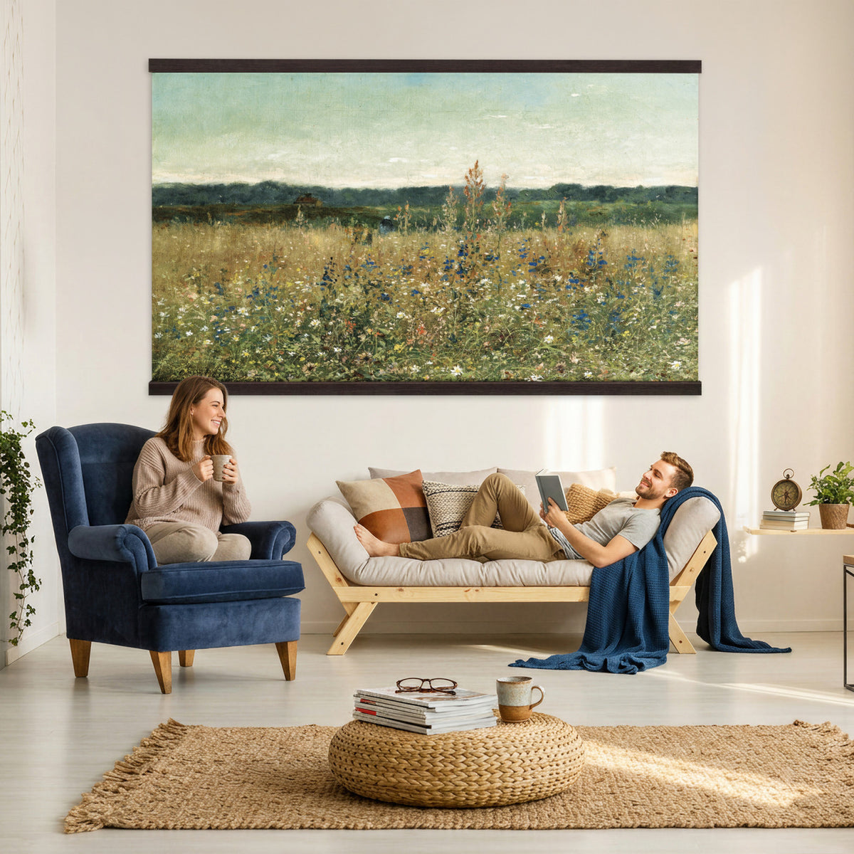 78325586-MGV-TP-30X20 - Realism oil painting tapestry wall hanging of "Champ fleuri" by Antoine Chintreuil, showing a wide flowering field running toward a low horizon, with soft scattered blooms and a pale open sky in soft white and green field tones under a pale luminous sky. Extra large wall art, made in the USA.