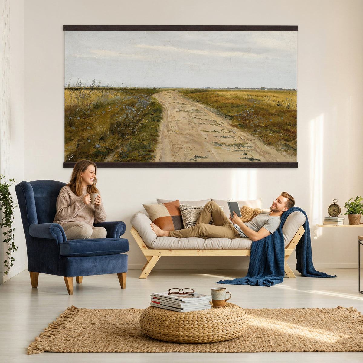 93198256-MGV-TP-30X20 - Realism oil painting tapestry wall hanging of "Field Track" by Jozef Chelmonski, showing a rutted dirt track cutting through open meadow grass toward a low horizon and a wide country sky in warm earth track tones with green meadow grass under a broad sky. Extra large wall art, made in the USA.