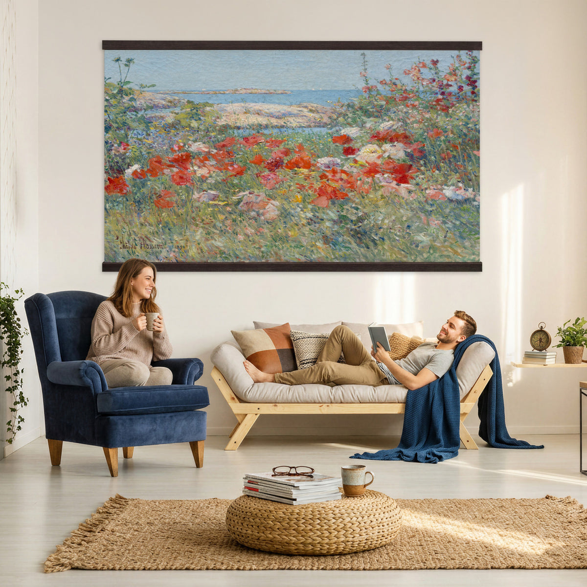 16720314-MGV-TP-30X20 - Impressionism oil painting tapestry wall hanging of "Celia Thaxter's Garden, Isles of Shoals" by Childe Hassam, showing a cliffside garden bursting with red poppies above a bright blue sea and rocky island shore in vivid red poppies against deep blue sea and green garden foliage. Extra large wall art, made in the USA.