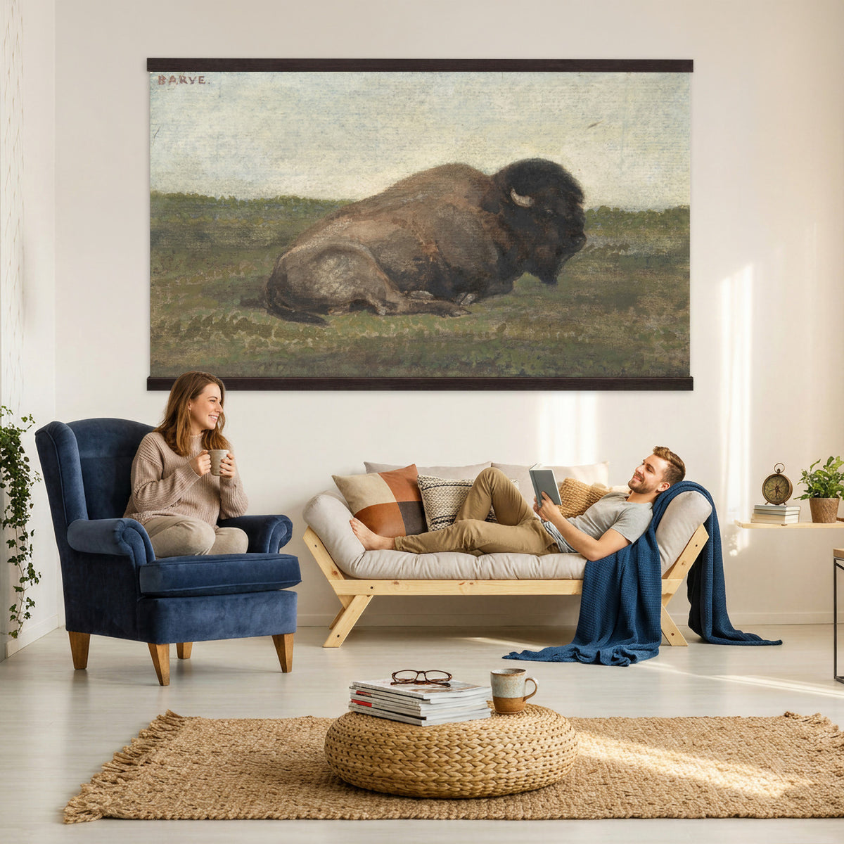 59987270-MGV-TP-30X20 - Realism oil painting tapestry wall hanging of "Bison Lying Down" by Antoine-Louis Barye, showing a heavy bison at rest on open prairie ground, painted with weight and quiet animal presence in deep brown bison coat against muted prairie grass and a low sky. Extra large wall art, made in the USA.