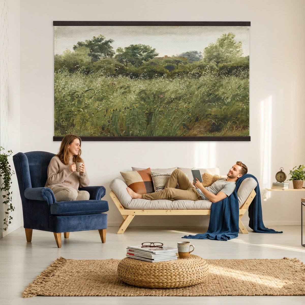 65790269-MGV-TP-30X20 - Realism oil painting tapestry wall hanging of "Field of Oats near Vejby" by Dankvart Dreyer, showing a ripe oat field bending in the breeze, with low farm buildings and a wide soft Danish sky beyond in warm golden oat tones with soft green edges under a pale wide sky. Extra large wall art, made in the USA.