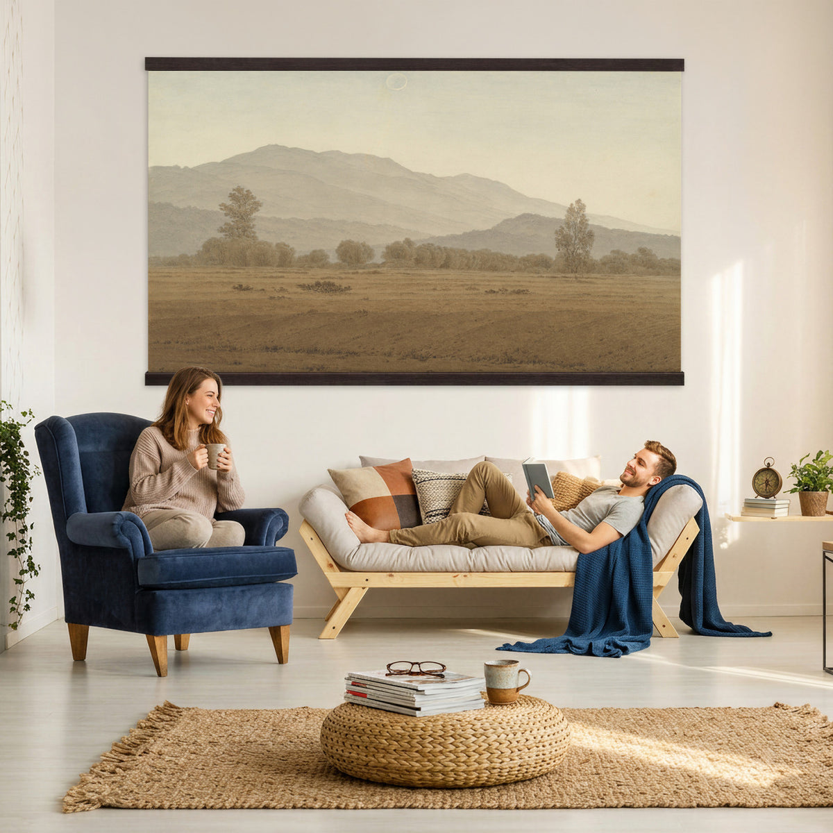 65089395-MGV-TP-30X20 - Realism oil study tapestry wall hanging of "Landscape Study at Grez-sur-Loing" by Frans Van Leemputten, showing an open field study at Grez-sur-Loing, with loose brushwork across low crops, hedgerows, and a soft French sky in soft field greens and warm earth tones under a pale washed sky. Extra large wall art, made in the USA.