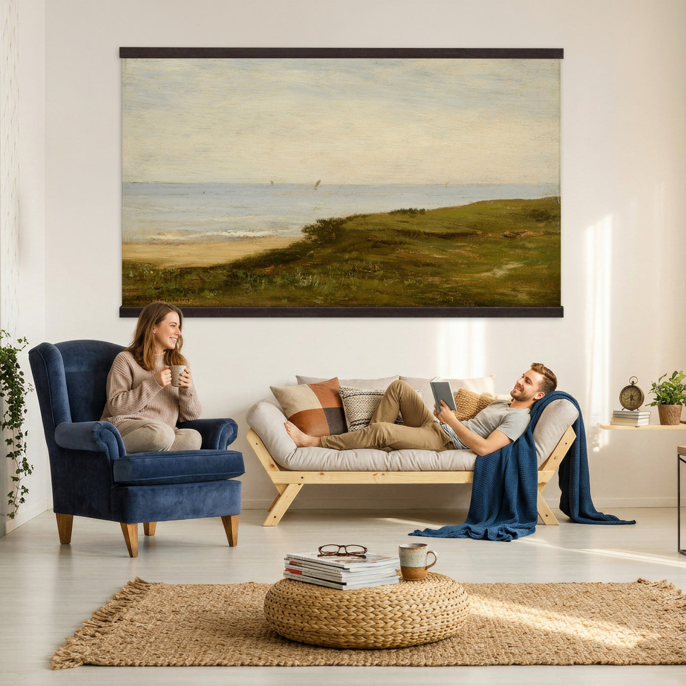 33440930-MGV-TP-30X20 - Impressionism oil painting tapestry wall hanging of "Beach Dunes" by Max Clarenbach, showing low rolling sand dunes topped with pale beach grass, opening toward a quiet sea under a wide soft sky in pale sand tones and dune grass under a wide soft blue-grey sky. Extra large wall art, made in the USA.