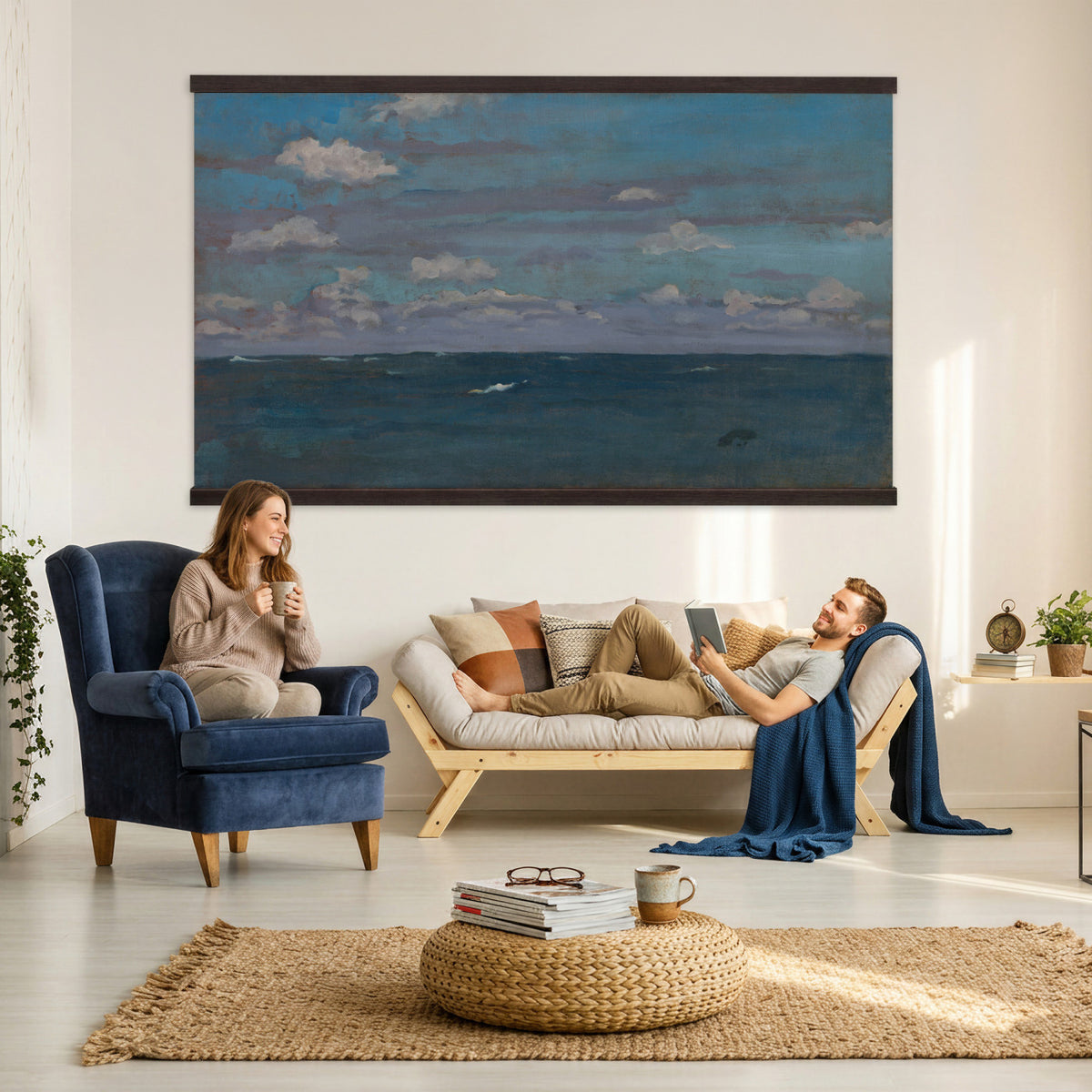 31189911-MGV-TP-30X20 - Art Nouveau pastel study tapestry wall hanging of "The Immensity" by Antoni Fabres, showing a wide empty shoreline meeting a soft pastel sky, with slow drifting clouds and a barely visible horizon line in pale pink, cream, and soft blue cloud tones over a quiet shore. Extra large wall art, made in the USA.