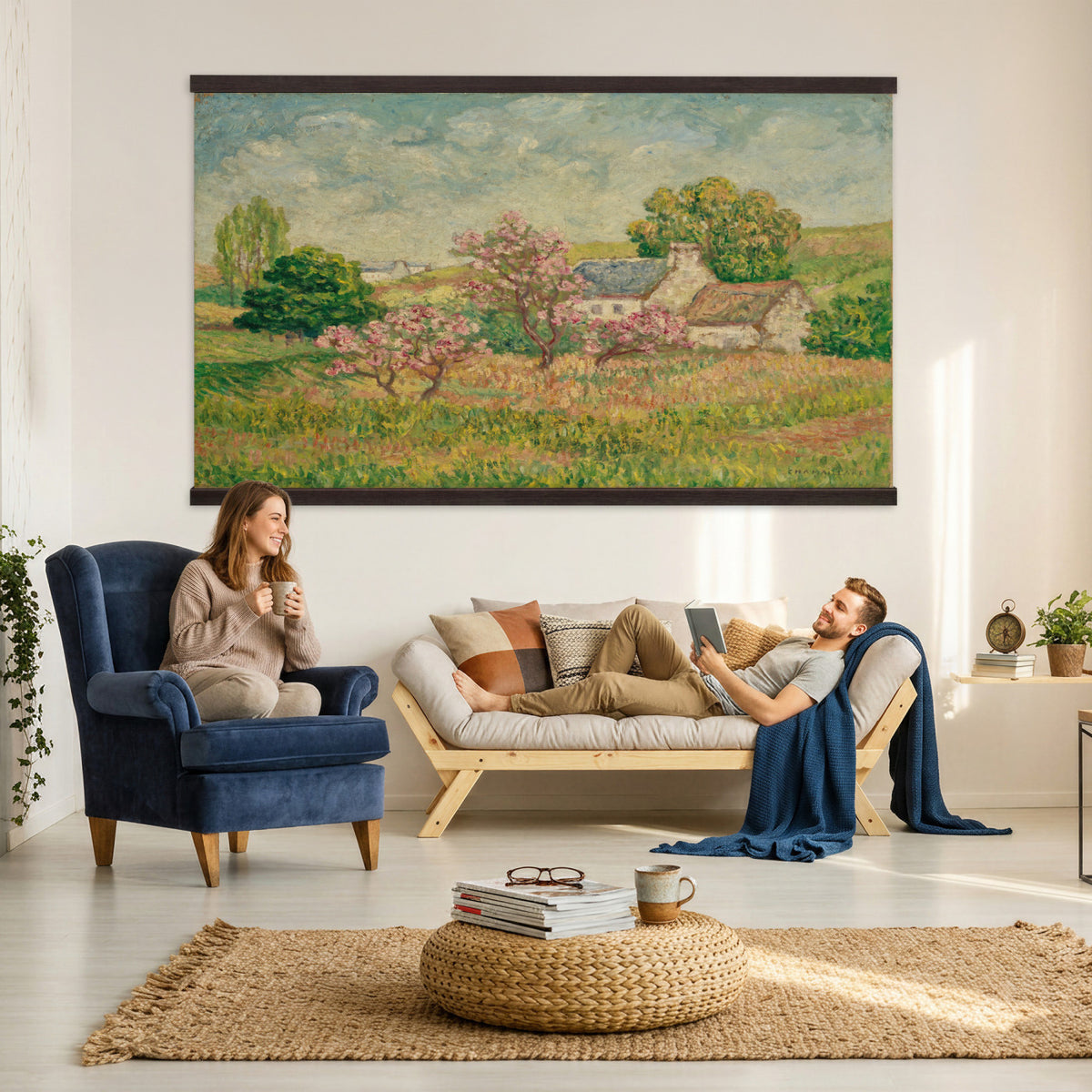 67494912-MGV-TP-30X20 - Post Impressionism oil painting tapestry wall hanging of "Spring" by Ernest de Chamaillard, showing a stone Breton cottage behind a blossoming tree in full pink bloom, with a bright spring garden around it in soft pink blossoms against grey stone walls and new spring green. Extra large wall art, made in the USA.