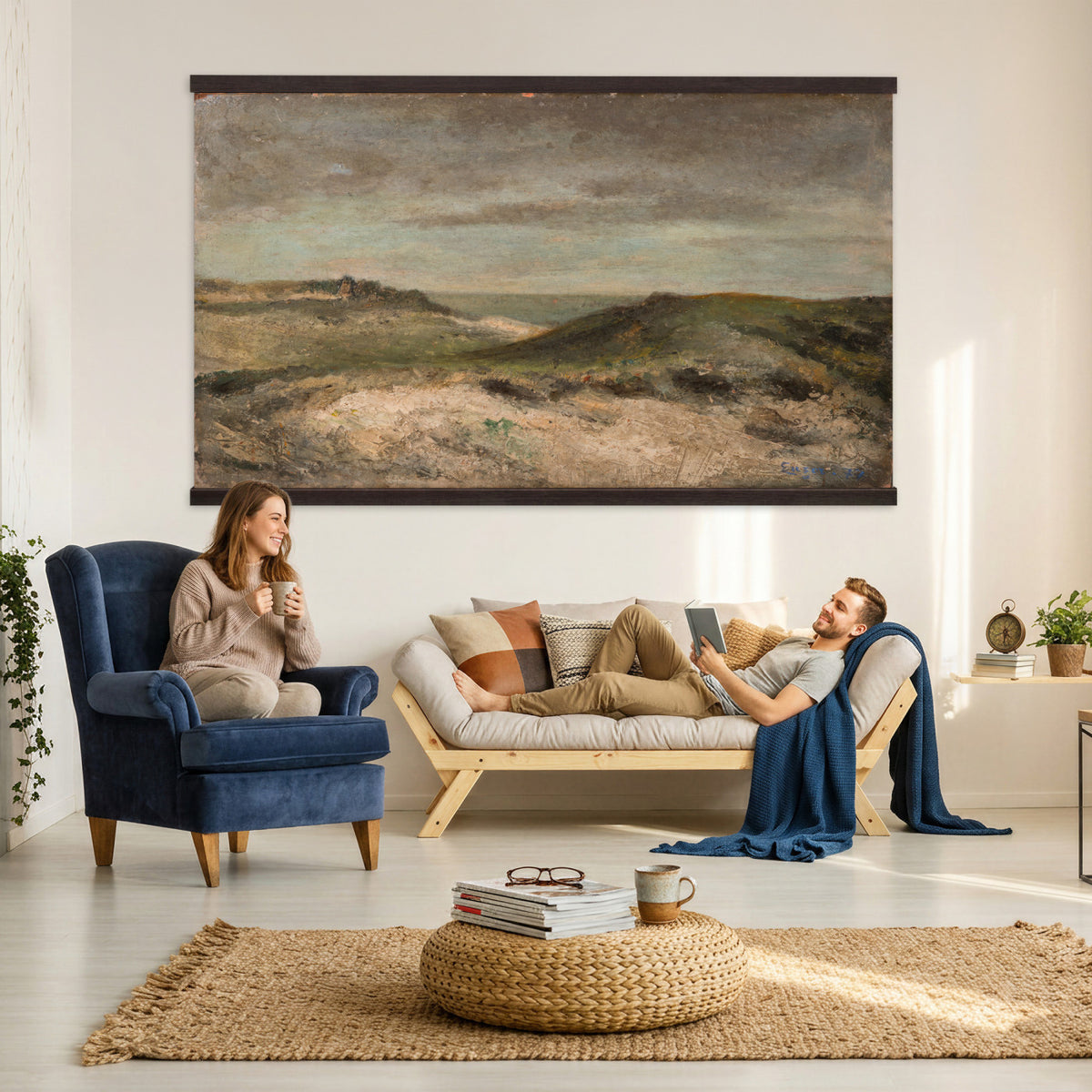 68383237-MGV-TP-30X20 - Expressionism oil painting tapestry wall hanging of "Dunes" by James Ensor, showing a steep dune ridge cutting across the canvas, with wind-bent grasses and a heavy sky pressing down behind it in muted sand and olive dune tones under a dark weighted sky. Extra large wall art, made in the USA.