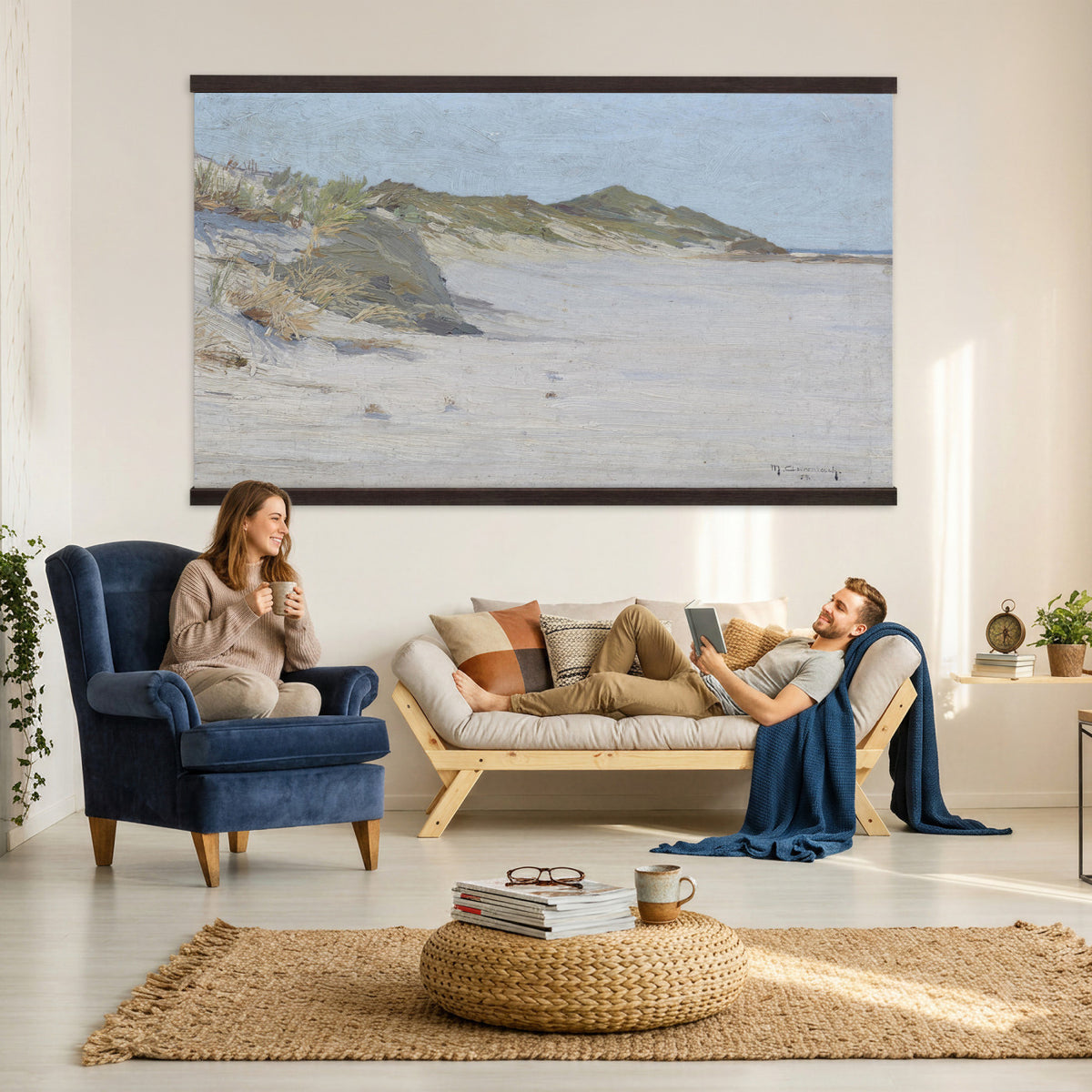 74023087-MGV-TP-30X20 - Impressionism oil painting tapestry wall hanging of "Beach Dunes" by Max Clarenbach, showing low rolling sand dunes topped with pale beach grass, opening toward a quiet sea under a wide soft sky in pale sand tones and dune grass under a wide soft blue-grey sky. Extra large wall art, made in the USA.