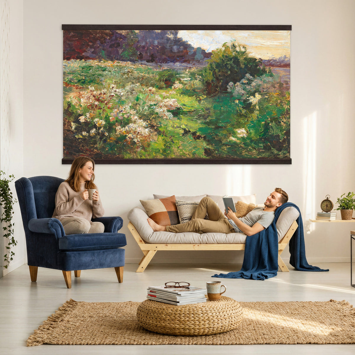 44961601-MGV-TP-30X20 - Impressionism oil painting tapestry wall hanging of "Flowering Meadow" by Olga Wisinger-Florian, showing a bright meadow of white wildflowers and green bushes rising toward a shaded purple hillside in white wildflowers and green bushes under a purple forest hillside. Extra large wall art, made in the USA.