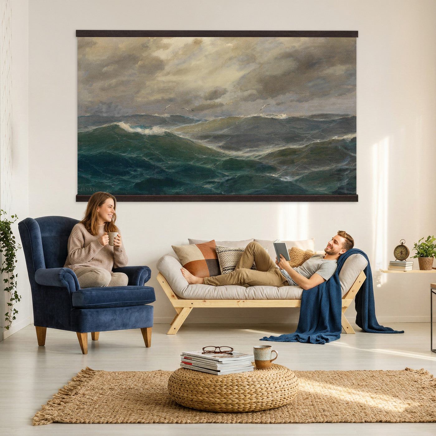 93539190-MGV-TP-30X20 - Realism oil painting tapestry wall hanging of "Stormy Sea" by Alfred Jensen, showing heavy breaking waves rolling under a dark storm sky, with white foam catching the last light on the water in deep grey-green waves with white foam under a heavy storm sky. Extra large wall art, made in the USA.