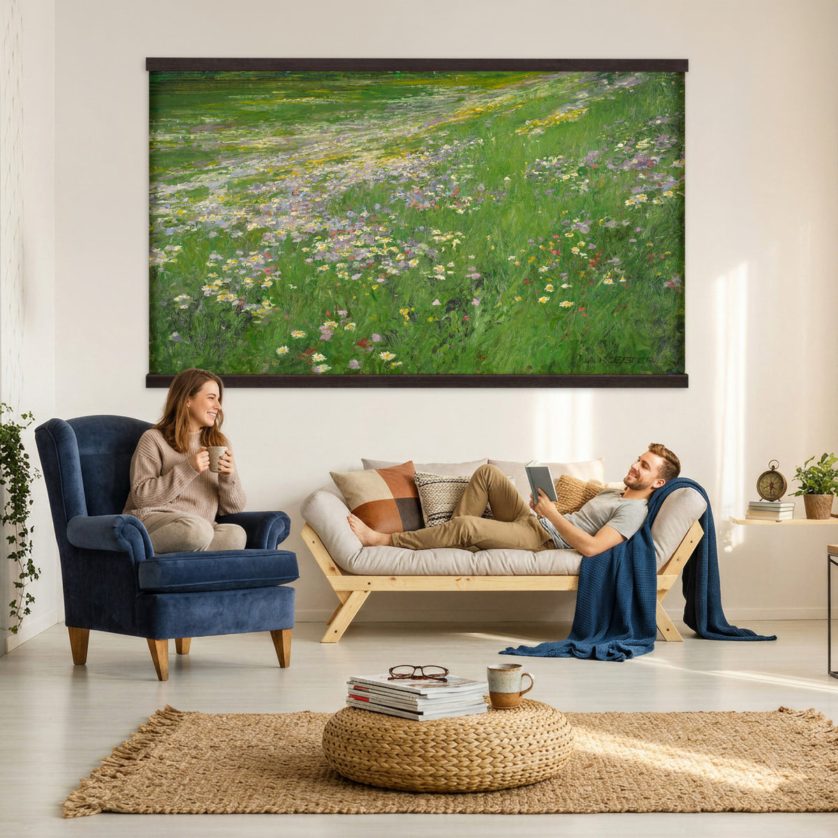 63535040-MGV-TP-30X20 - Impressionism oil painting tapestry wall hanging of "Wildflower Meadow", showing a wide meadow of daisies and summer wildflowers, painted in quick color strokes under warm open light in white daisies and yellow blooms across fresh green grass. Extra large wall art, made in the USA.