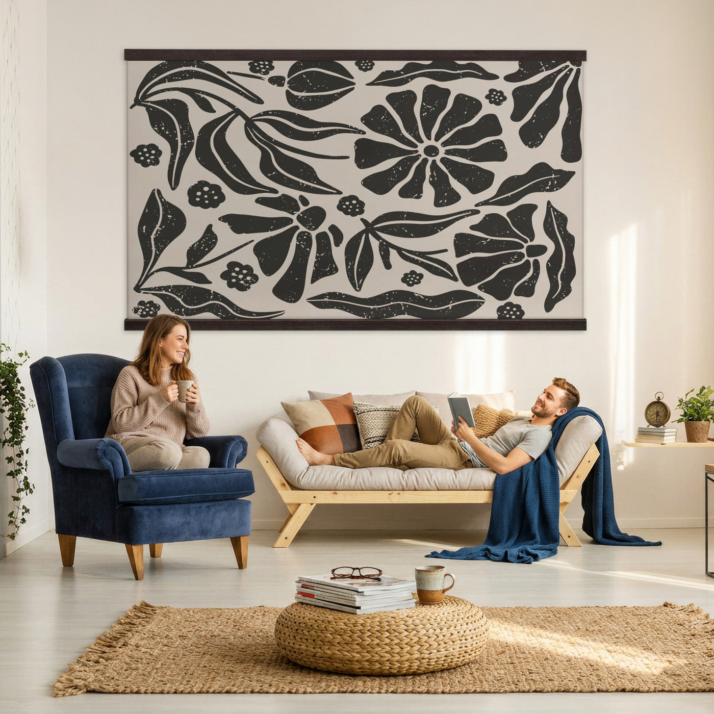 21342917-MGV-TP-30X20 - Mid Century Modern linocut print tapestry wall hanging of "Abstract Floral Linocut", showing simplified flower heads and stems cut into bold black shapes against clean white space in bold black shapes on a bright white ground. Extra large wall art, made in the USA.