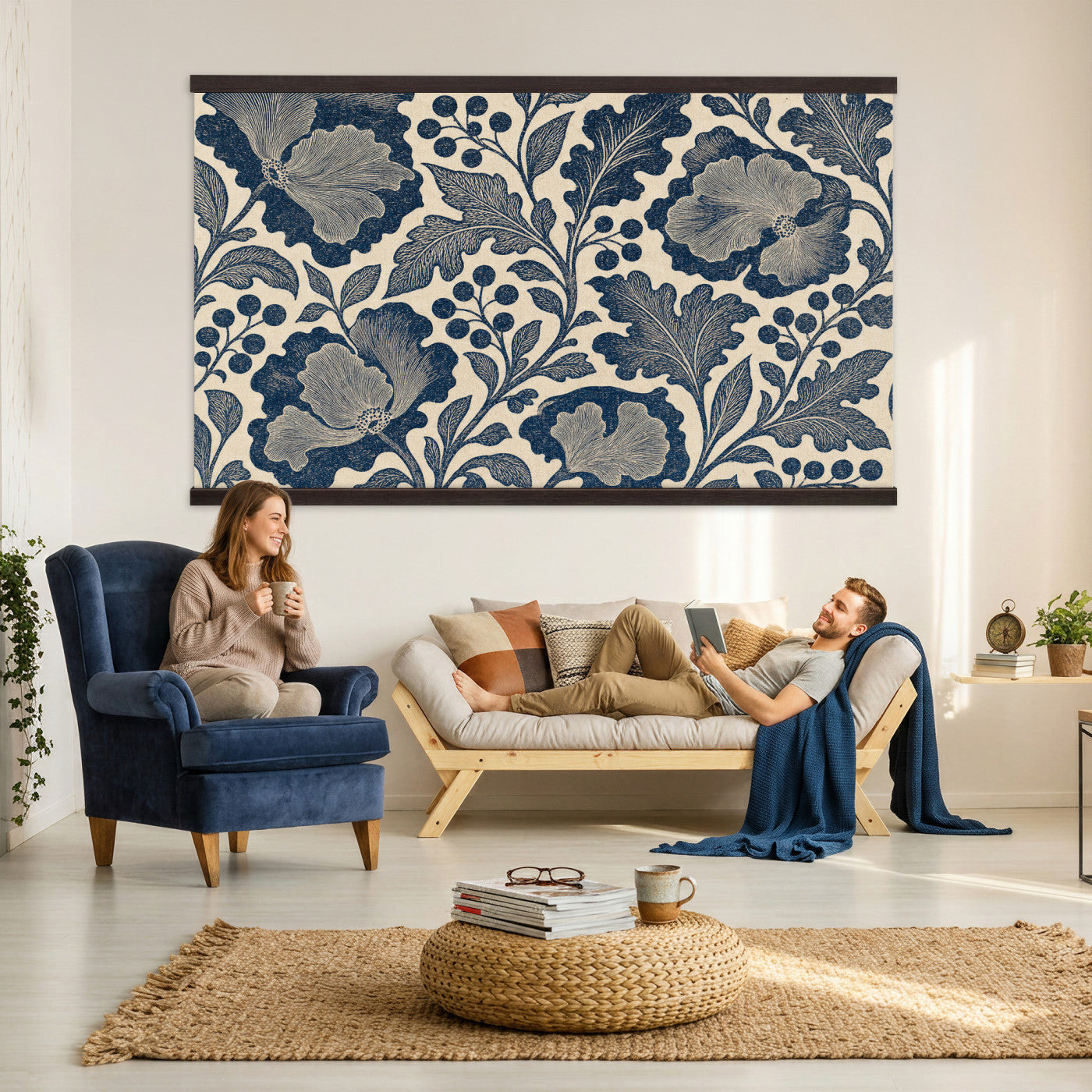 97130377-MGV-TP-30X20 - Art Nouveau pattern design tapestry wall hanging of "Indigo Botanical Pattern" by William Morris, showing trailing indigo stems, open blossoms and curling leaves repeating across the full width in deep indigo and cobalt blue with soft cream linework. Extra large wall art, made in the USA.