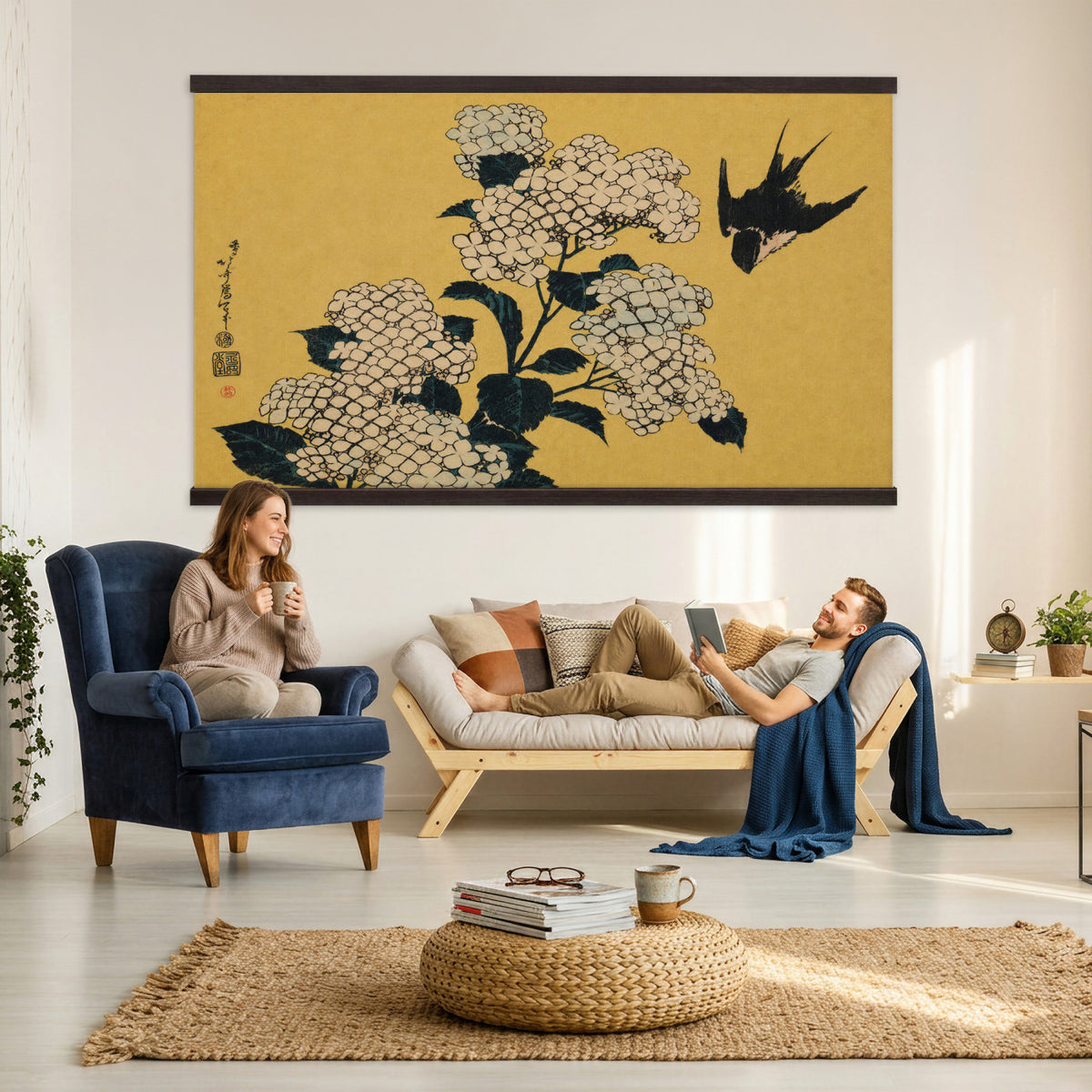 24787197-MGV-TP-30X20 - Ukiyo-e woodblock print tapestry wall hanging of "Hydrangea and Swallow" by Katsushika Hokusai, showing a swallow in flight above a full hydrangea head, drawn with the precise line of Japanese woodblock in soft blue hydrangea blooms with warm gold ground. Extra large wall art, made in the USA.