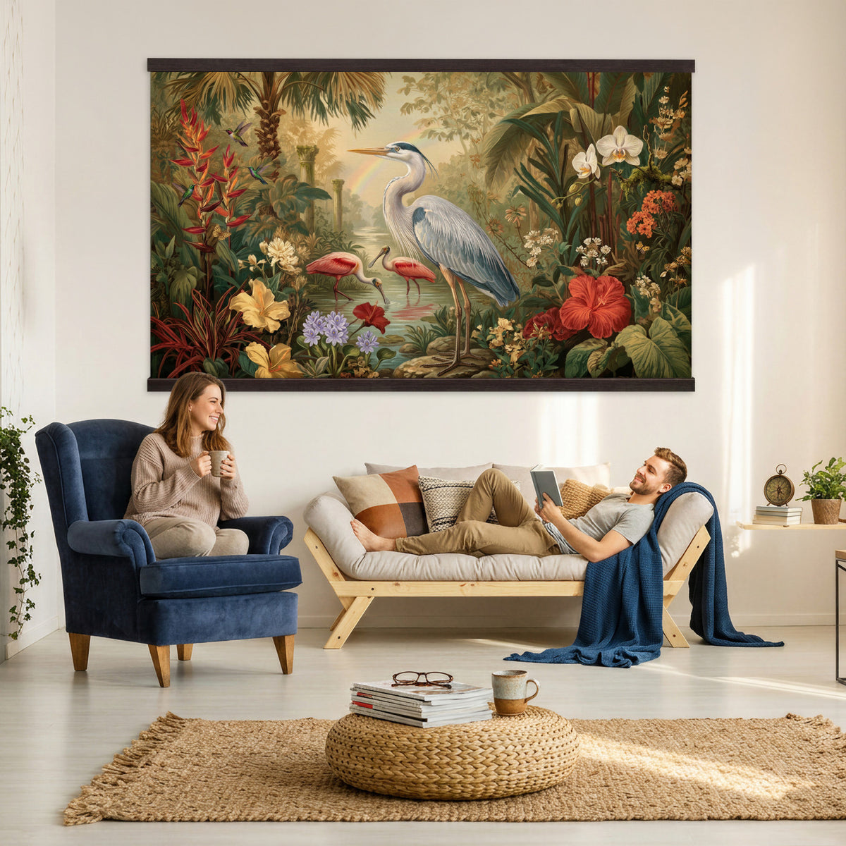 20081183-MGV-TP-30X20 - Botanical botanical illustration tapestry wall hanging of "Great Blue Heron in the Jungle", showing a great blue heron standing among hibiscus blooms, palm fronds and dense tropical foliage in deep jungle greens with red hibiscus and soft blue heron plumage. Extra large wall art, made in the USA.