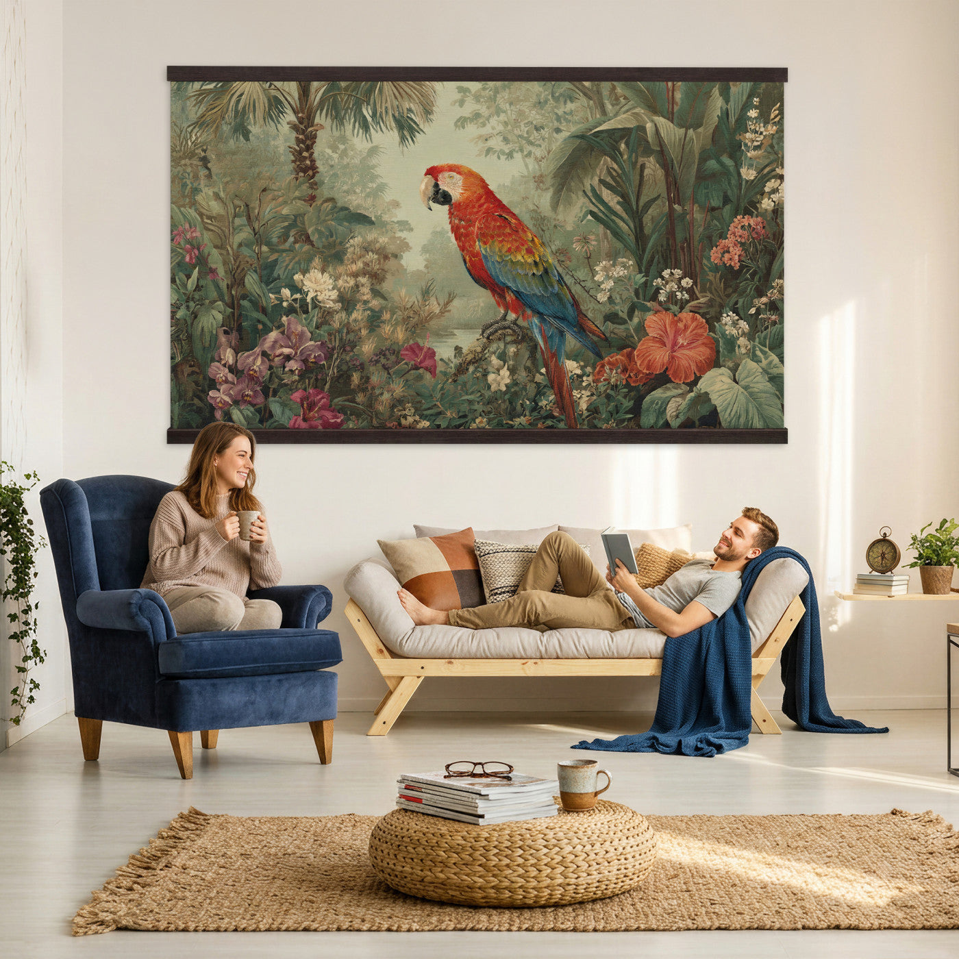 75232040-MGV-TP-30X20 - Botanical botanical illustration tapestry wall hanging of "Scarlet Macaw in the Jungle", showing a scarlet macaw perched among hibiscus flowers, palm leaves and thick rainforest growth in bright scarlet and gold plumage against deep jungle green. Extra large wall art, made in the USA.
