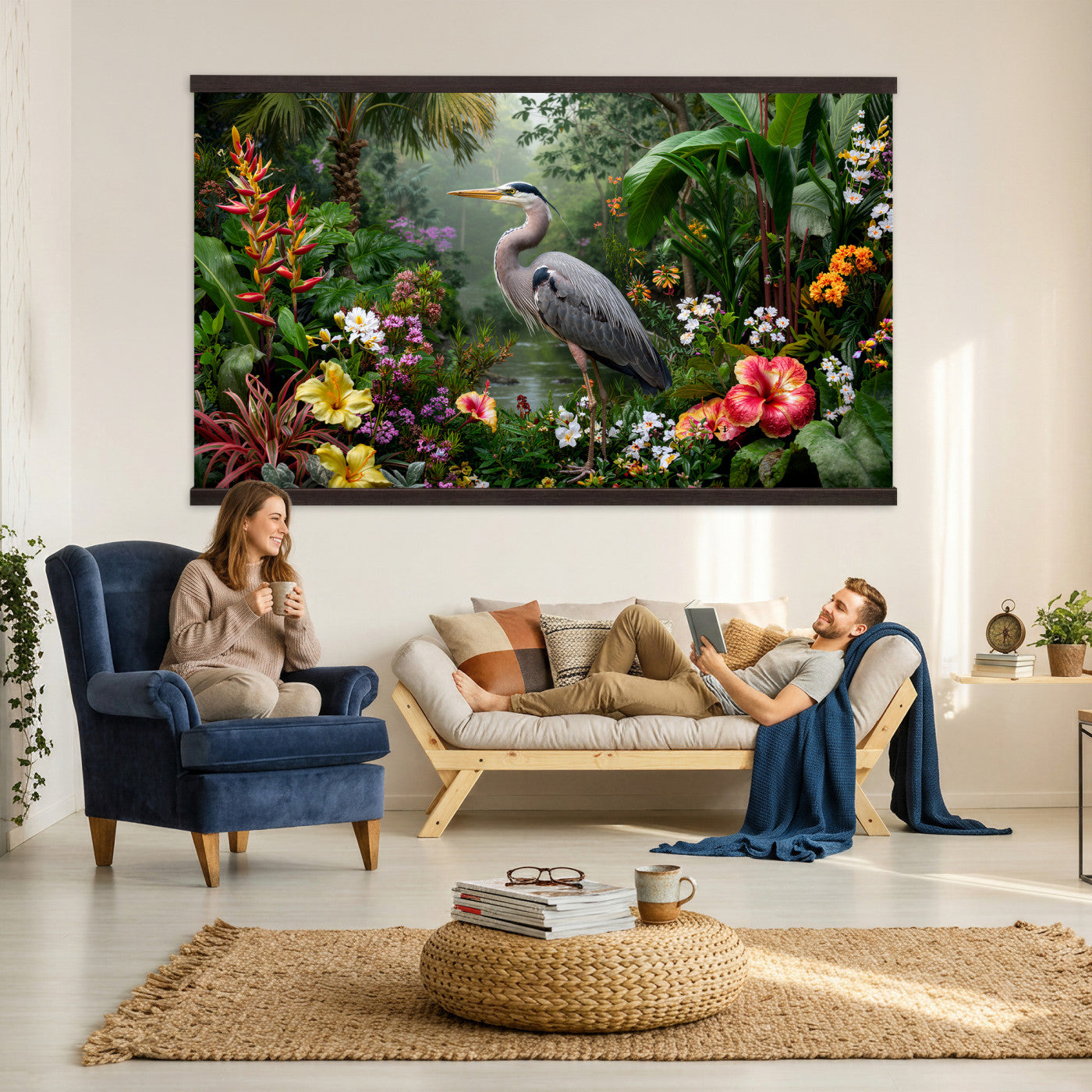 82504330-MGV-TP-30X20 - Botanical botanical illustration tapestry wall hanging of "Great Blue Heron in the Jungle", showing a great blue heron standing among hibiscus blooms, palm fronds and dense tropical foliage in deep jungle greens with red hibiscus and soft blue heron plumage. Extra large wall art, made in the USA.