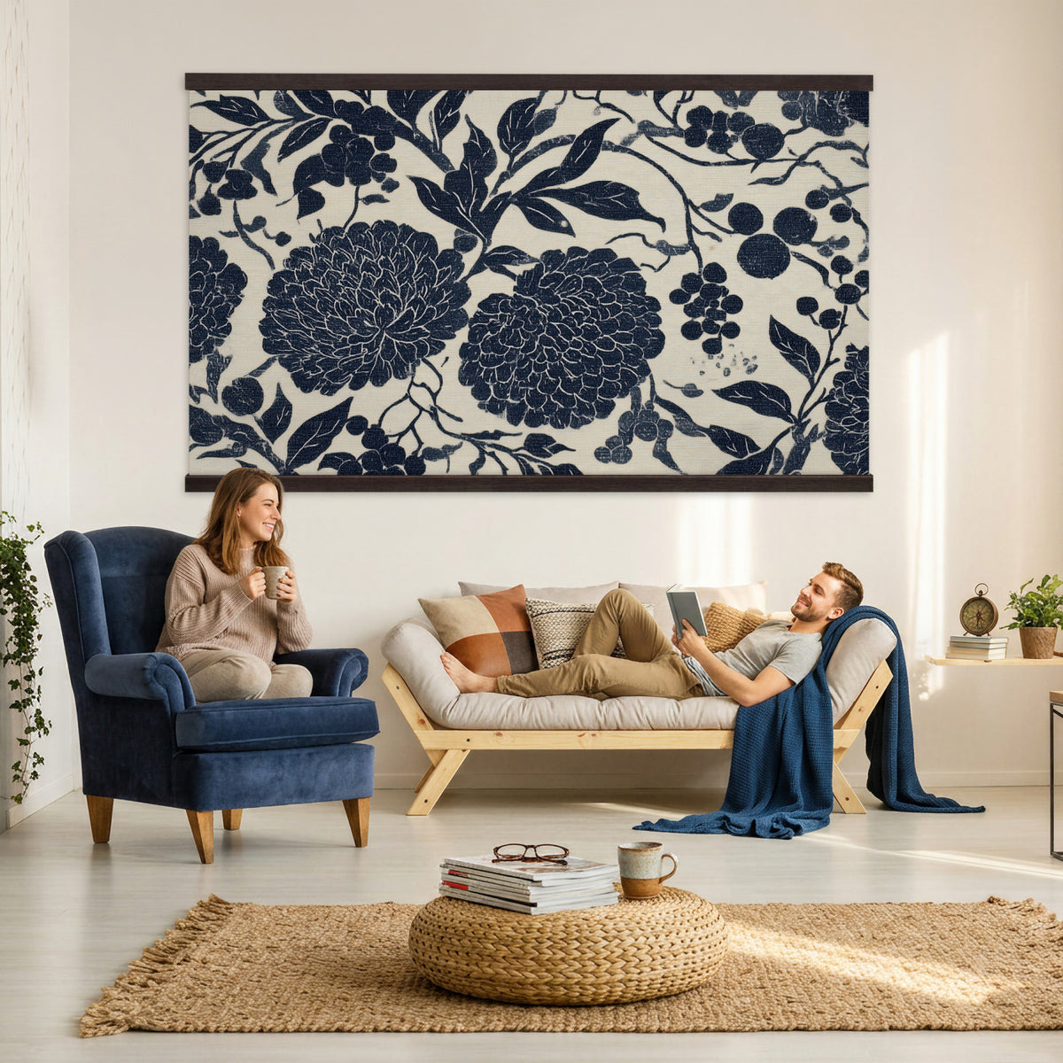 42507419-MGV-TP-30X20 - Chinoiserie ink block print tapestry wall hanging of "Chinoiserie Peony and Chrysanthemum Panel", showing peonies and chrysanthemums layered across a soft grey field, drawn in muted black line in black and soft grey linework on a warm neutral ground. Extra large wall art, made in the USA.