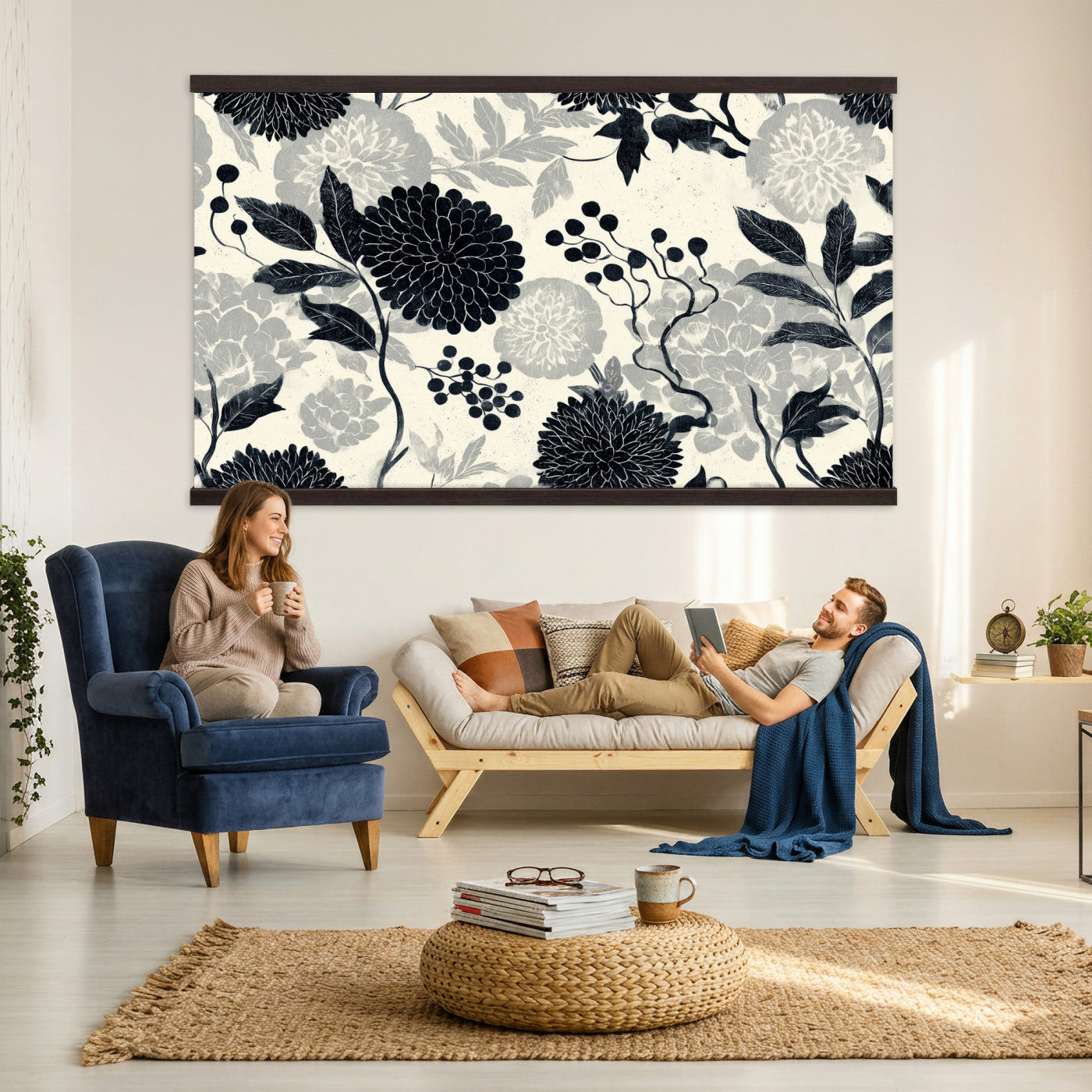 27269625-MGV-TP-30X20 - Chinoiserie ink block print tapestry wall hanging of "Chinoiserie Peony and Chrysanthemum Panel", showing peonies and chrysanthemums layered across a soft grey field, drawn in muted black line in black and soft grey linework on a warm neutral ground. Extra large wall art, made in the USA.